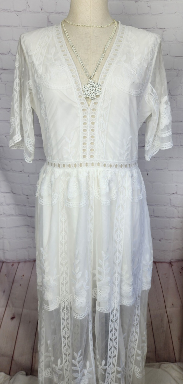 Boho Dress Romantic Sheer Lace Lined Side Slits Wedding Hippie Coquette Size S