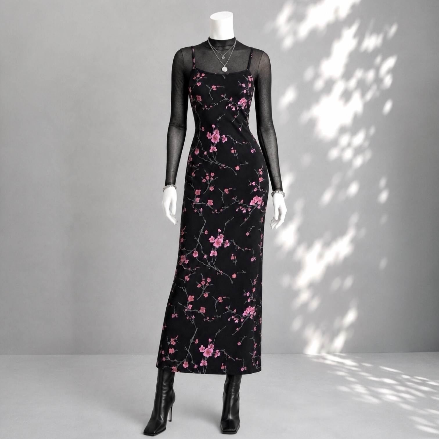 Vintage 90s Byer Too Floral Maxi Dress XS Black Pink Fairycore Whimsigoth Grunge