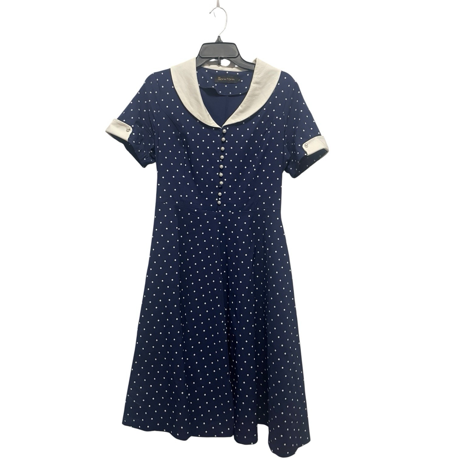 Gown Town Blue Polka Dot Short Sleeve Fit Flare Dress Rockabilly 50s Pinup L