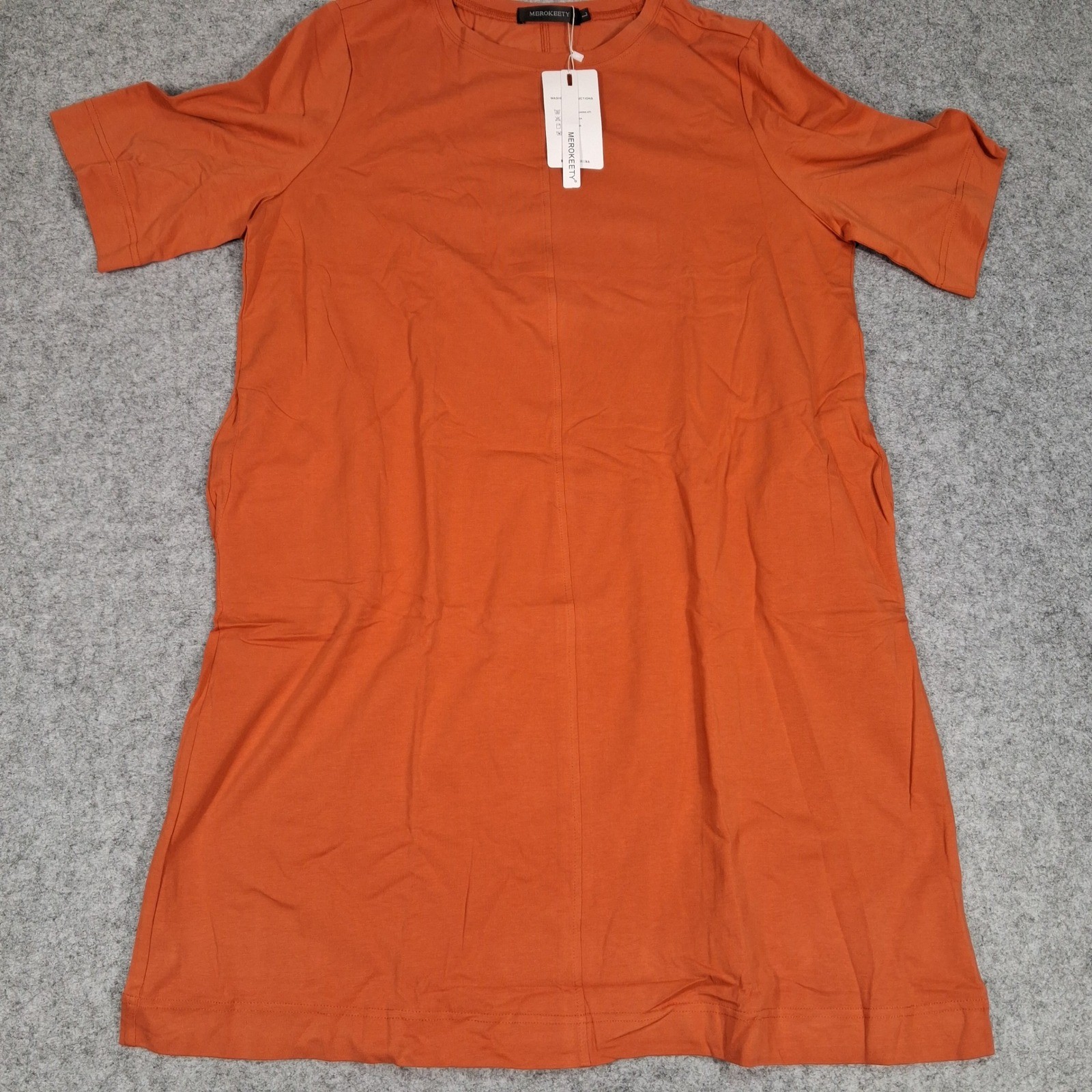 MEROKEETY T-Shirt Dress Womens Large Burnt Orange Crew Neck Short Sleeve Pocket
