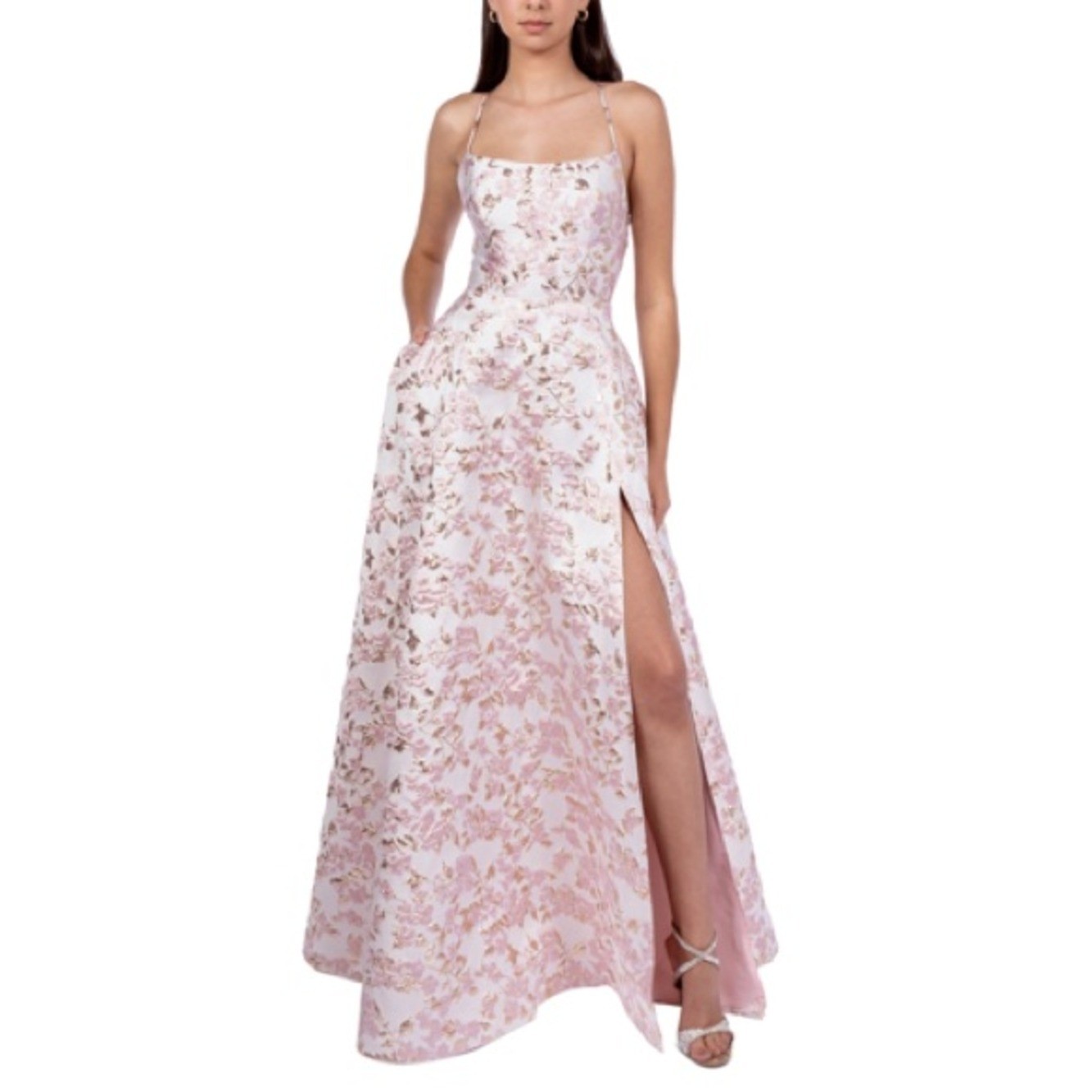 B Darlin Formal Dress 3/4 Pink Gold Floral Jacquard Lace Up Back Prom Gown