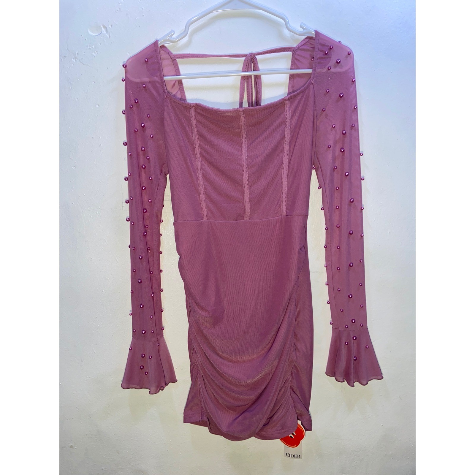 Cider Pink Mesh Pearl Flare Sleeve Corset Ruched Mini Dress Coquette Barbiecore