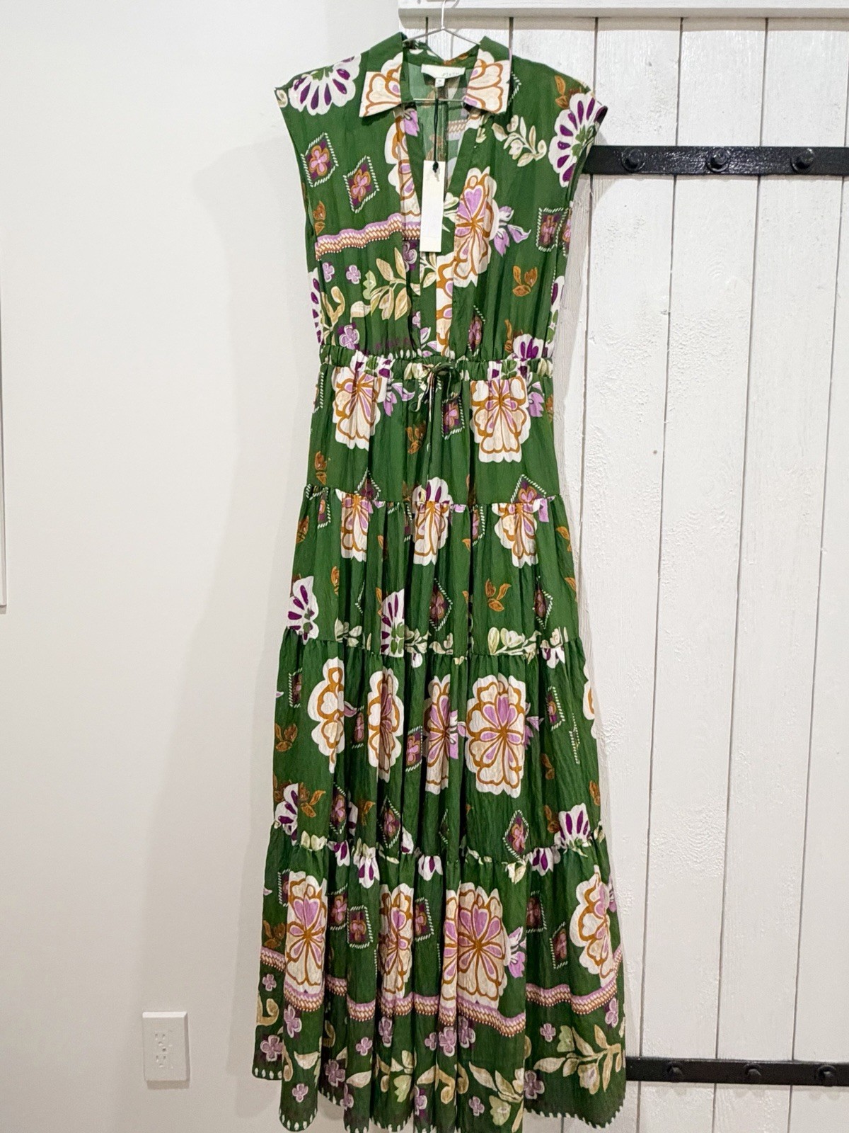 NWT Pinch Womens M Floral Tiered Maxi Dress Green Boho Resort Cottagecore