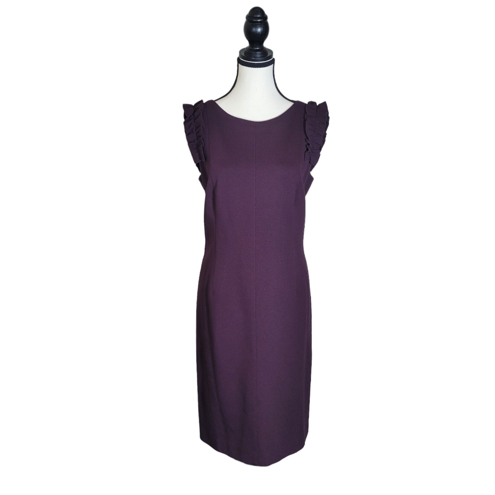 Akris Punto Women Ruffle Sleeve Ponte Knit Classic Sheath Dress Size 10 Burgundy