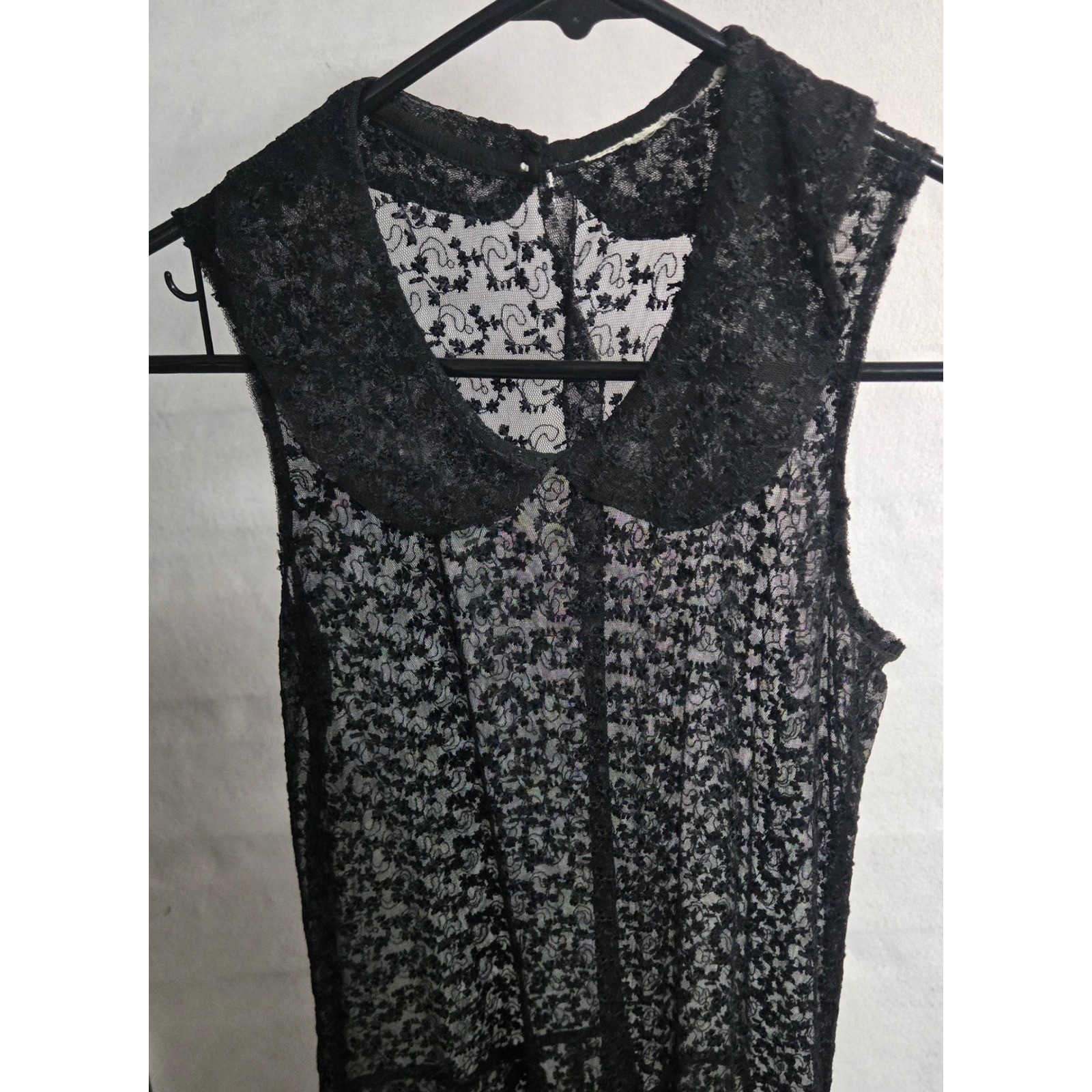 Black Floral Lace Sheer Sleeveless Drop Waist Dress with Peter Pan Collar Gothic