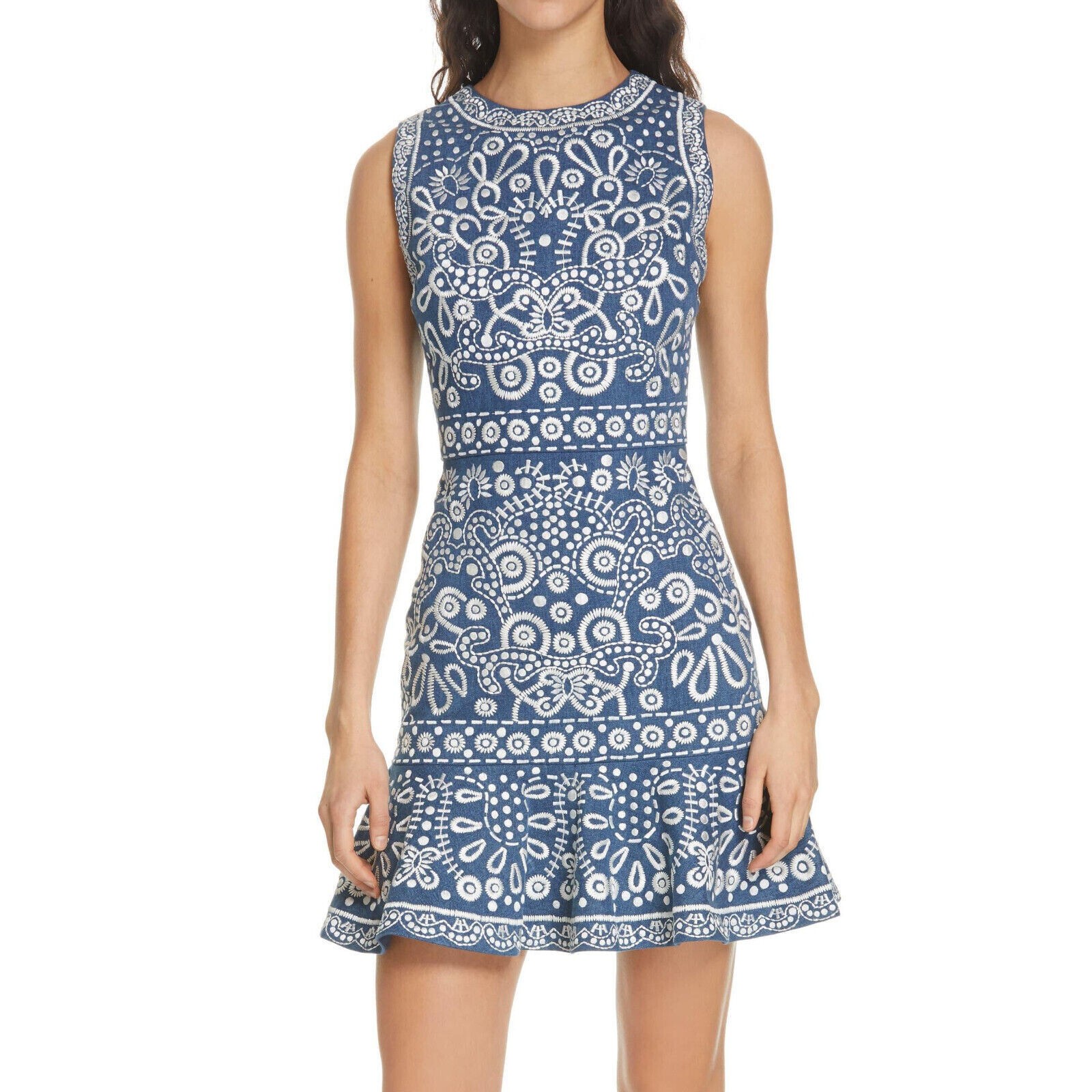 Alice + Olivia Rapunzel Mini Dress Embroidered Blue Denim Floral Dot Chambray 8
