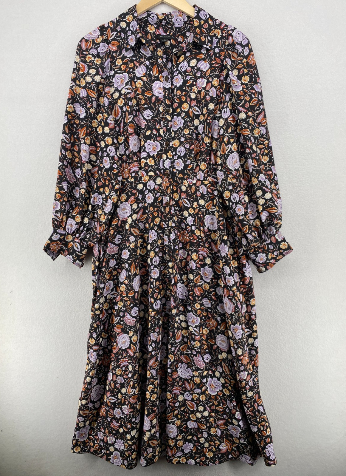 ANN TAYLOR Dress 10 M Floral Collared Crepe Midi Shirtdress Fit Flare Black NEW