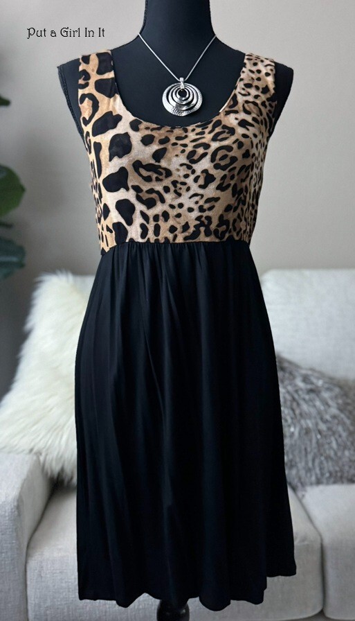 USA New Womens ANIMAL LEOPARD PRINT BLACK BOHO SLEEVELESS TANK DRESS S M BIKER