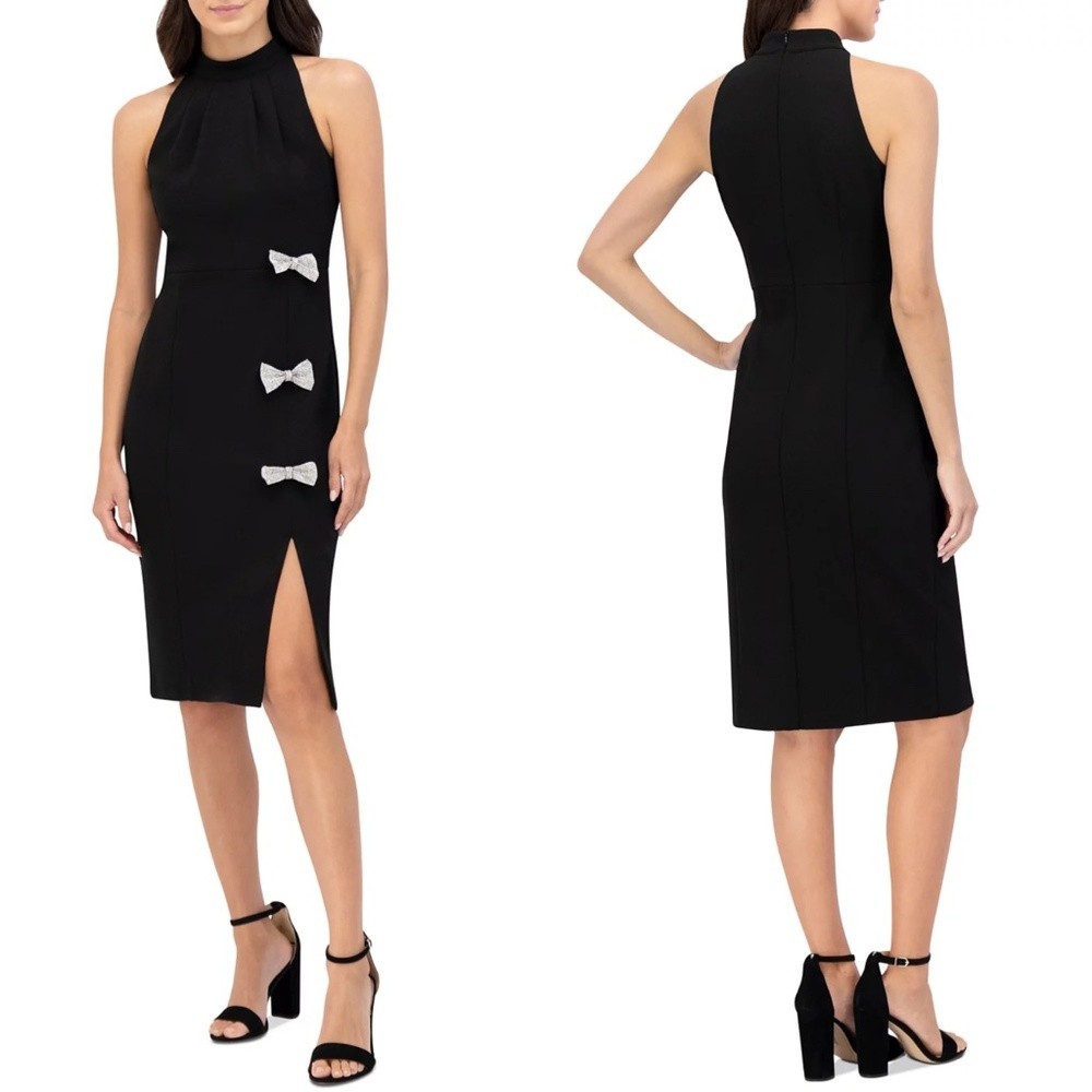 Eliza J Navy Black Rhinestone Bow Sleeveless Sheath Dress Size 4 $158