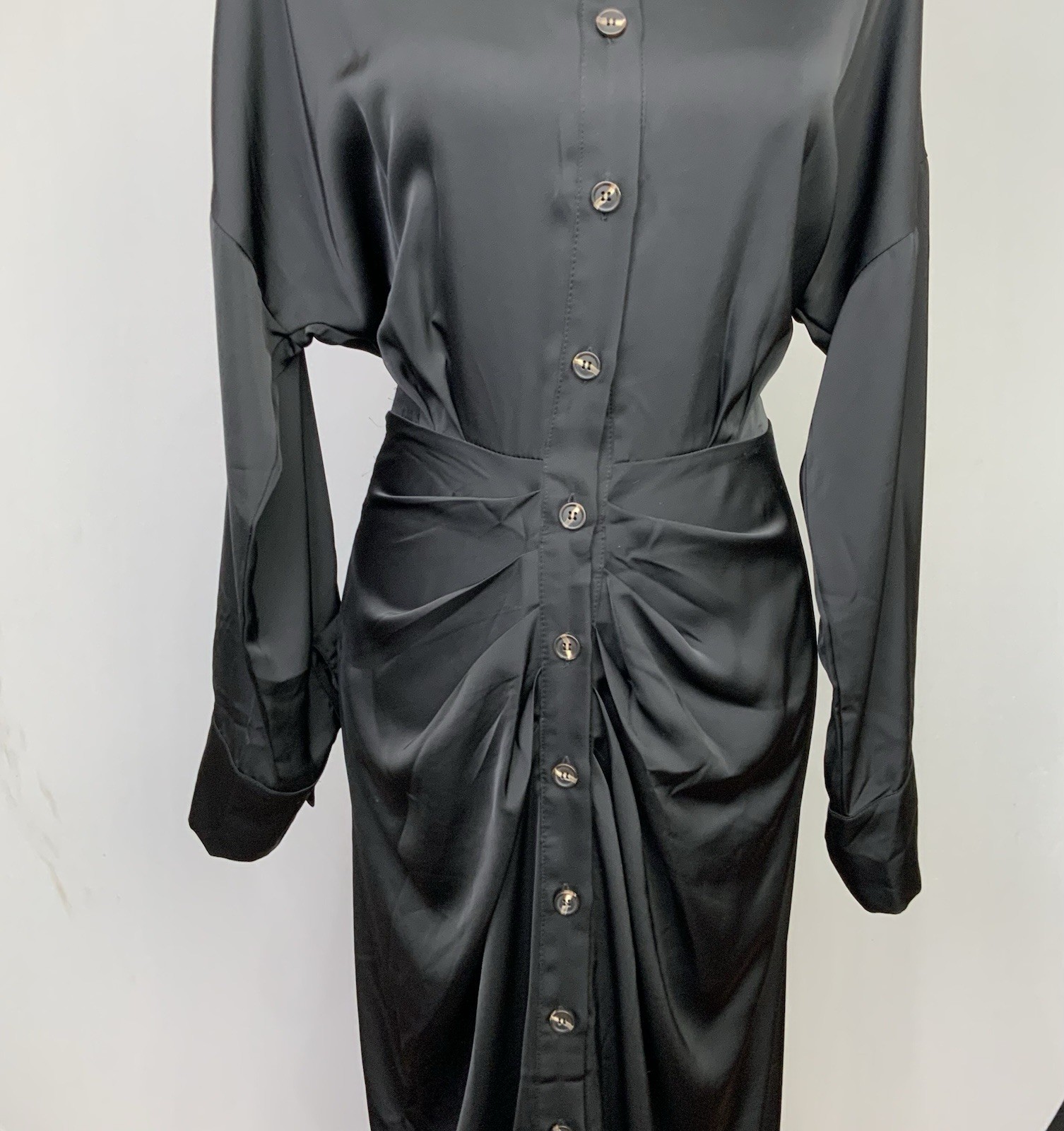 Black Satin Button Down Draped Front Tie Back Midi Shirt Dress Sz Large