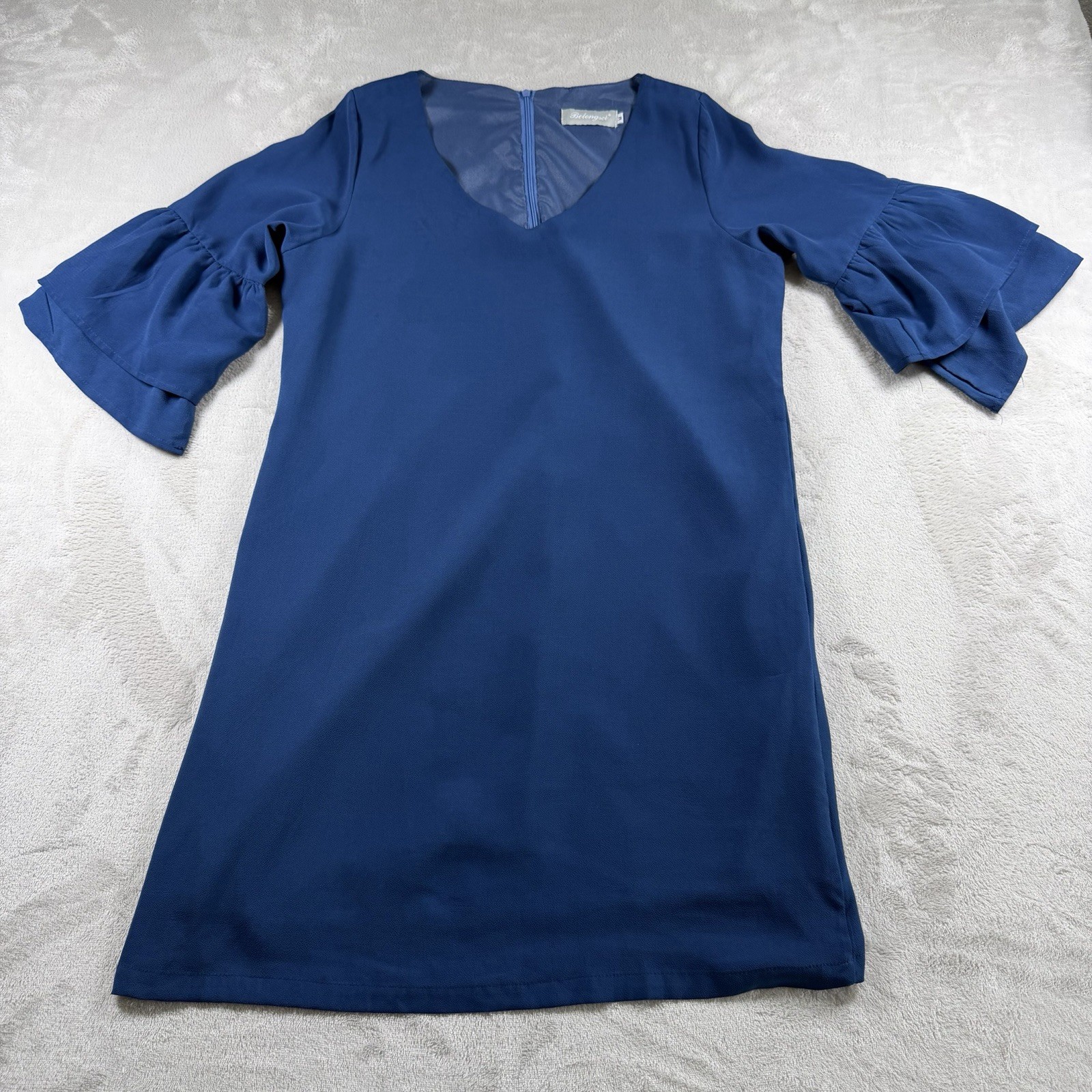 Belongsci Women’s 2 Blue Bell Sleeve Shift Dress V-Neck Ruffle Midi Party Cockta