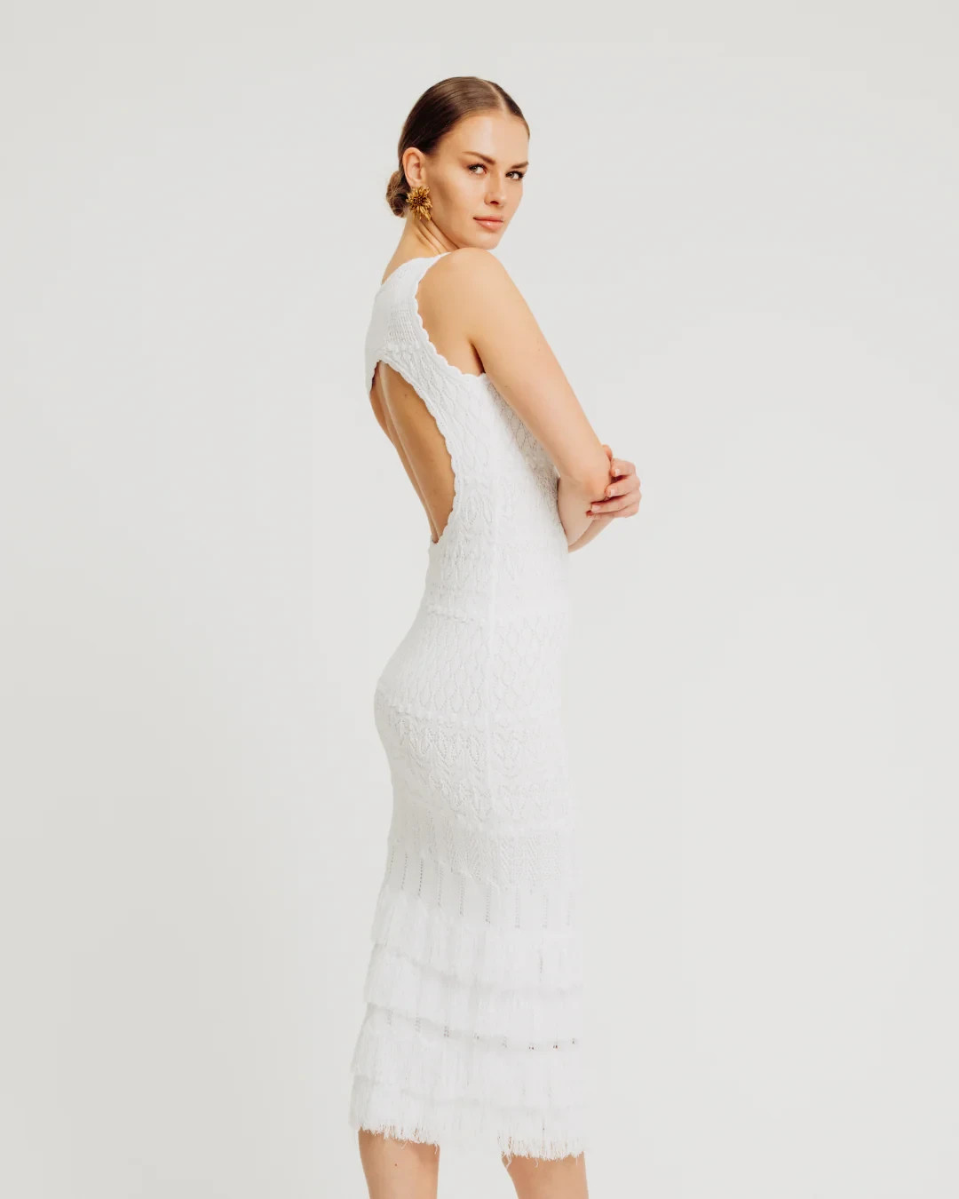 Torn by Ronny Kobo Ryan Dress Size Small White Crochet Knit Fringe