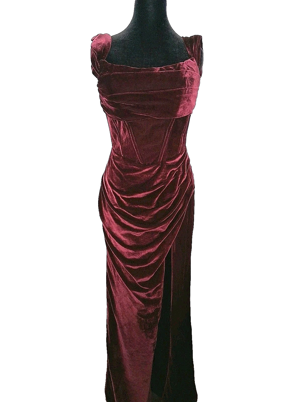 Burgundy Ladies Formal Dress With Side Split Fitted Bodice Velvet Fabric Size 4