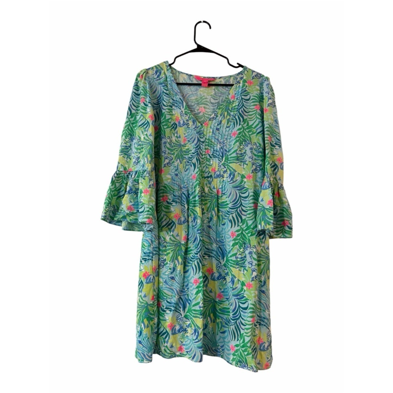 Lilly Pulitzer Danika Tunic Dress Size 10 Green Tropical Bell Sleeve Costal