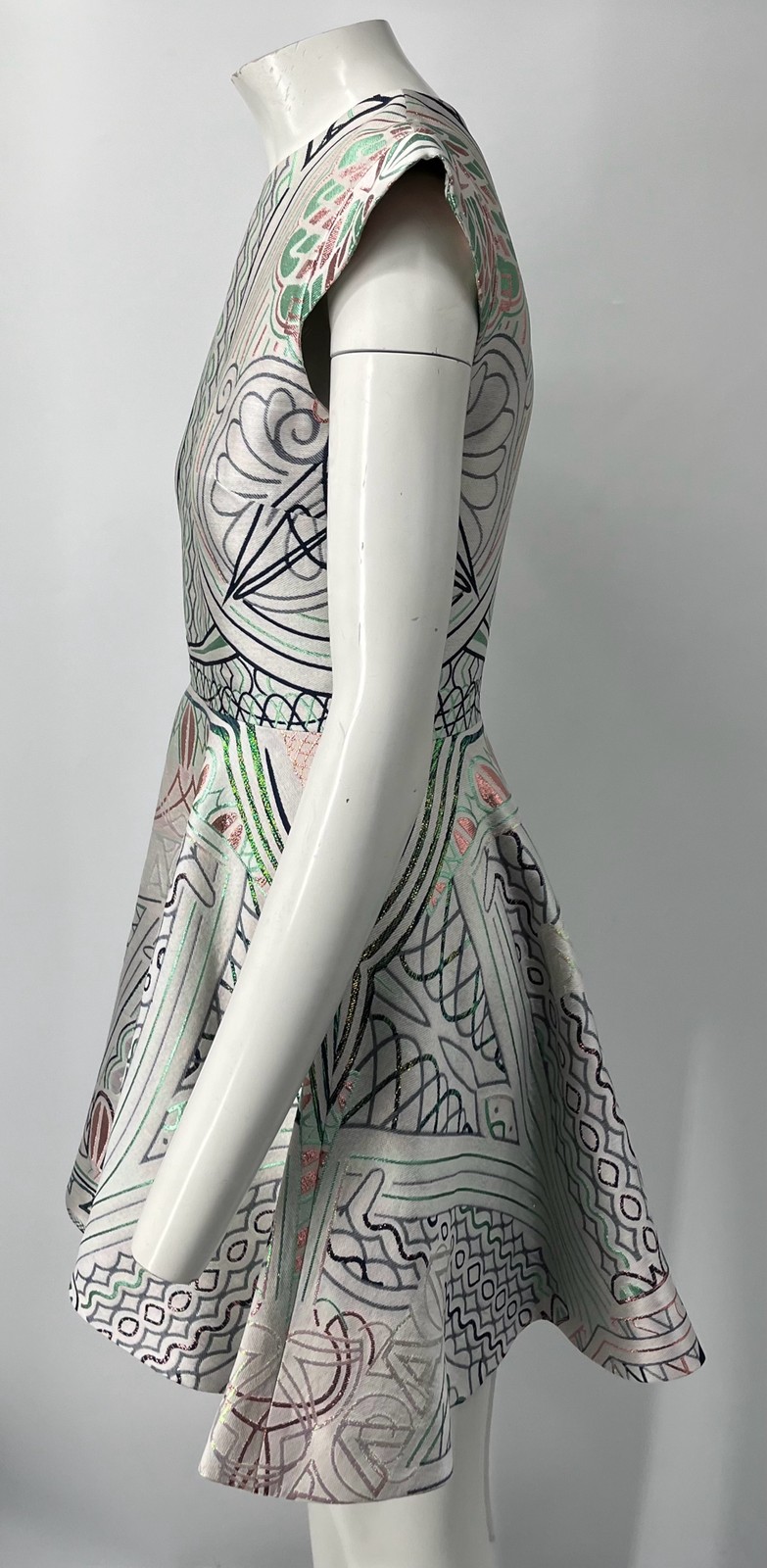 Mary Katrantzou STAINED Silver pink navy green Silk Print Fit Flare Dress sz 10