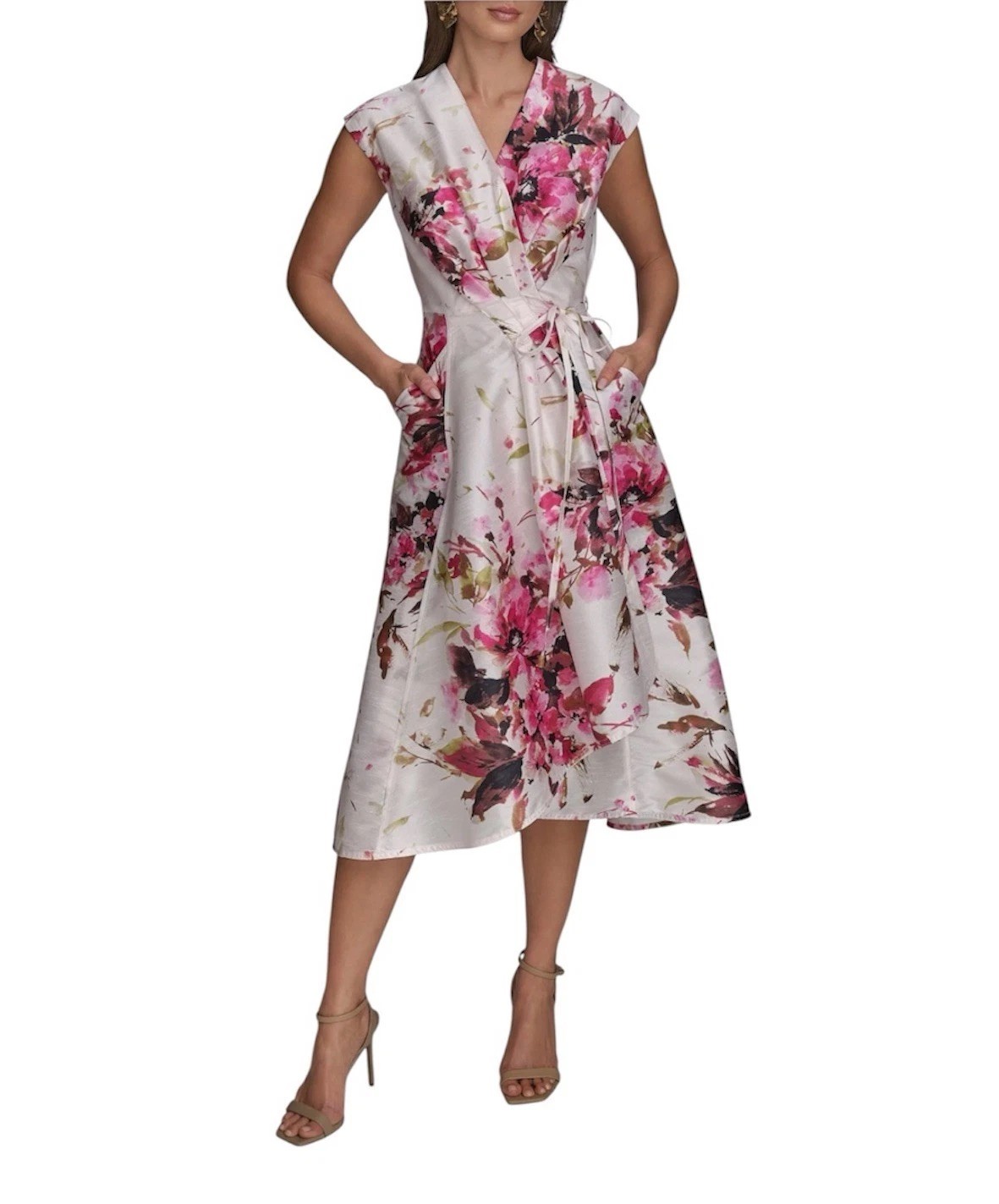 Donna Karen Wrap Dress Women’s Plus Size 24W Beige Pink Floral Fit & Flare Midi