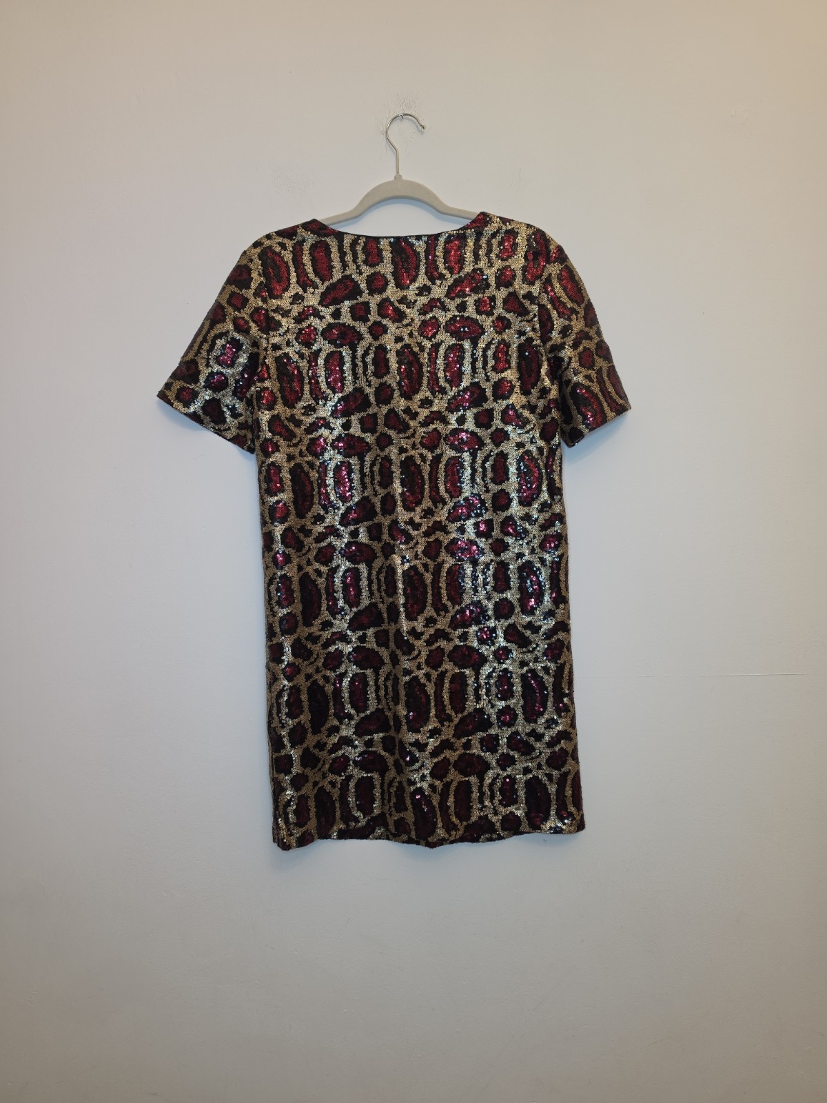 Ivivi Gold Red Black Sequin Leopard Print Shift Dress Size Small Party Christmas
