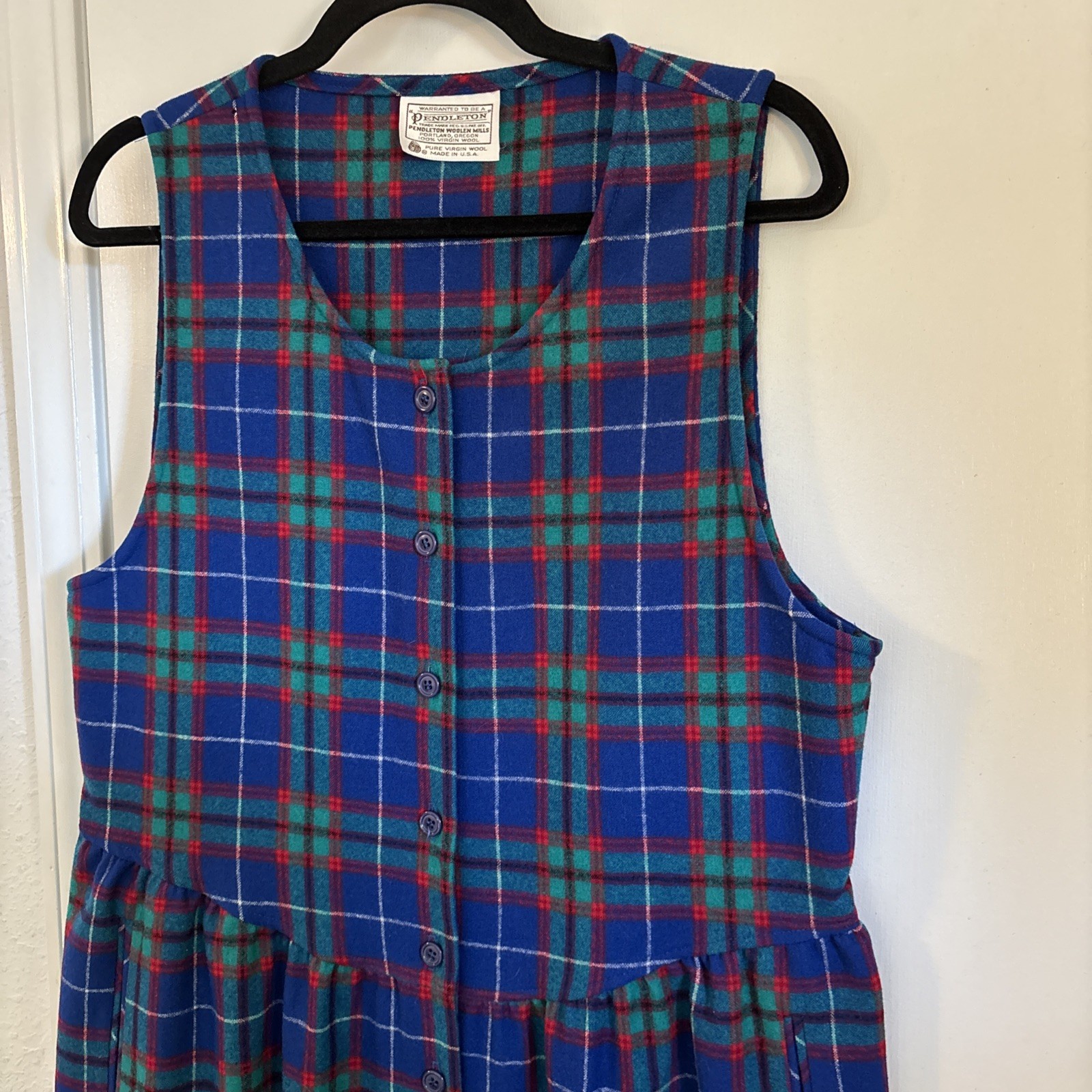 VTG Pendleton 100% Virgin Wool Plaid Long Button Up Jumper W/Pockets Size 12 USA