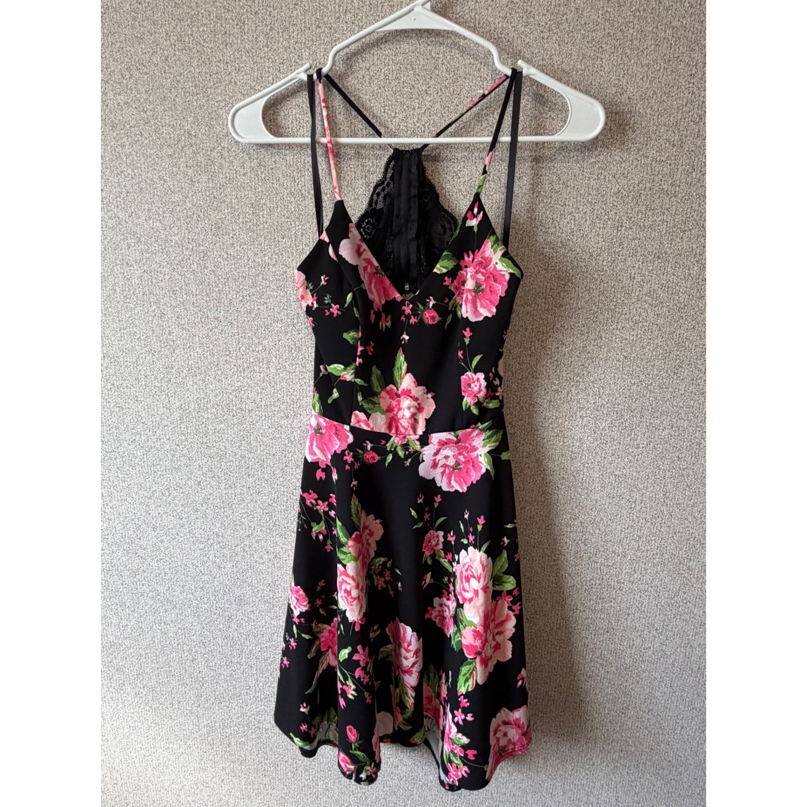 B Darling Black Floral Lace Trim Spaghetti Strap Mini Dress Size 5/6