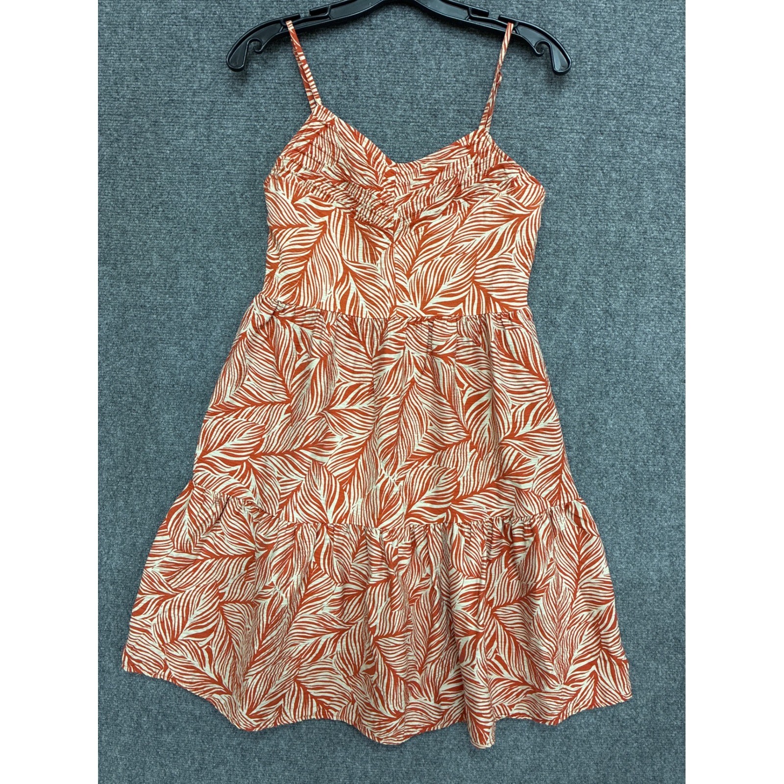 Apricot Rust Orange Palm Leaf Print Tiered Mini Dress Smocked Back US 4
