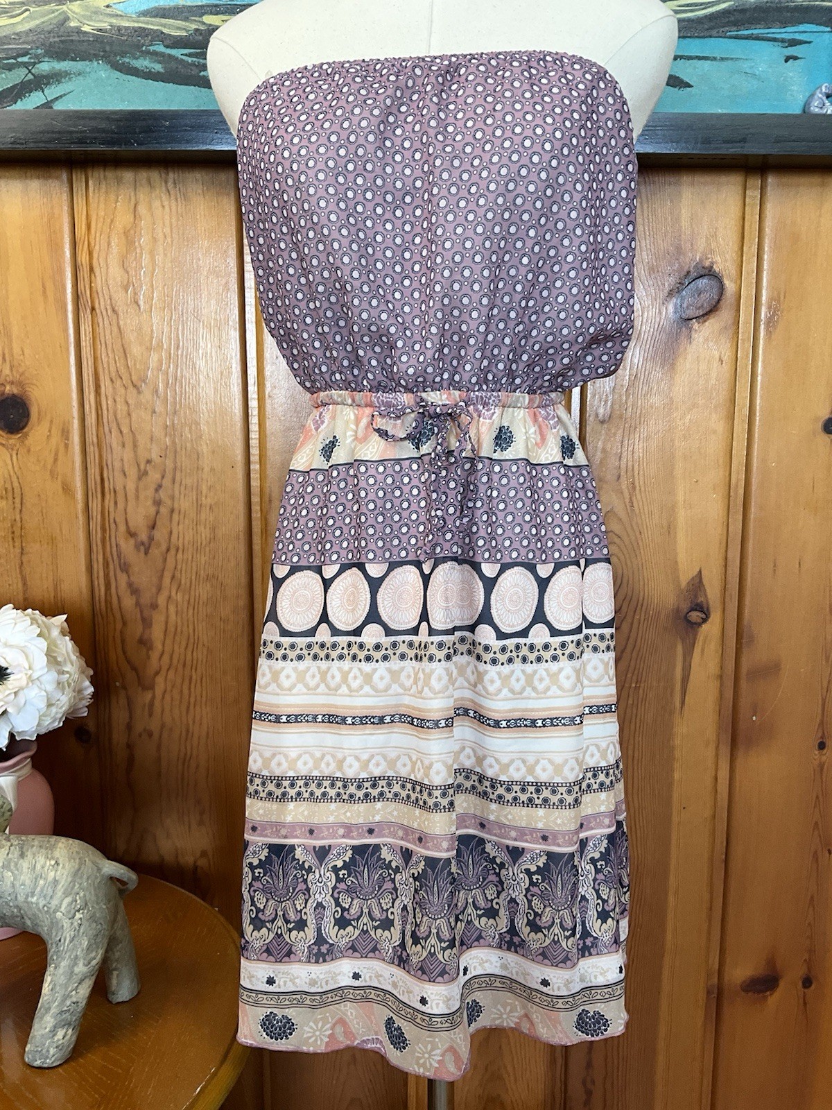 Medium Strapless Dress Purple Tan Paisley Boho Pattern Light Navy Blue Stripe