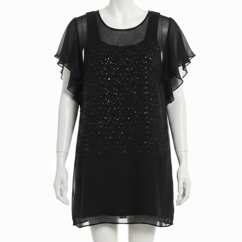 Bob Mackie Wearable Art Black Rhinestone Sparkle Layered Sheer Flutter Sleeve