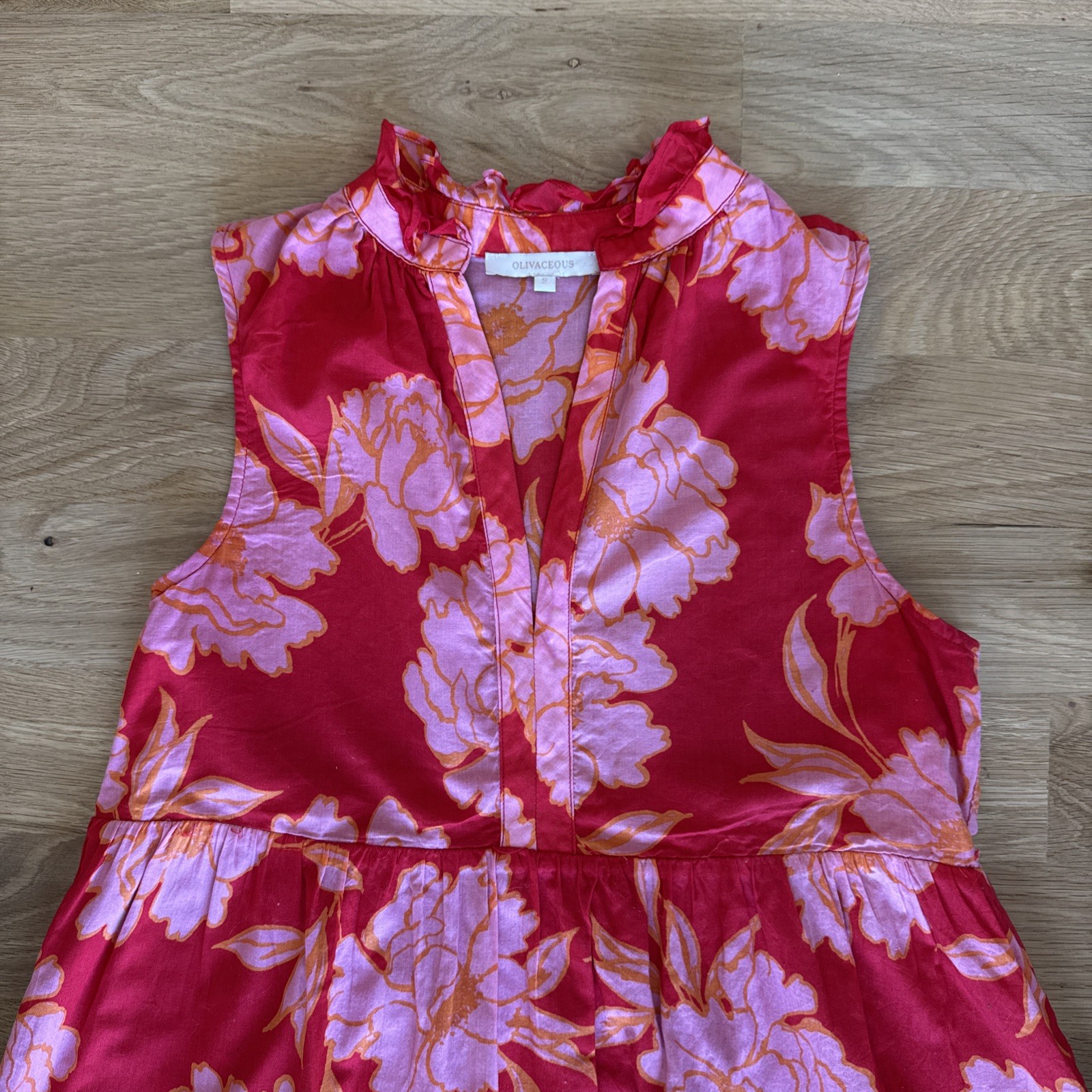 Olivaceous Red Orange And Pink Blossom Pattern Sleeveless Tiered Tunic Dress S