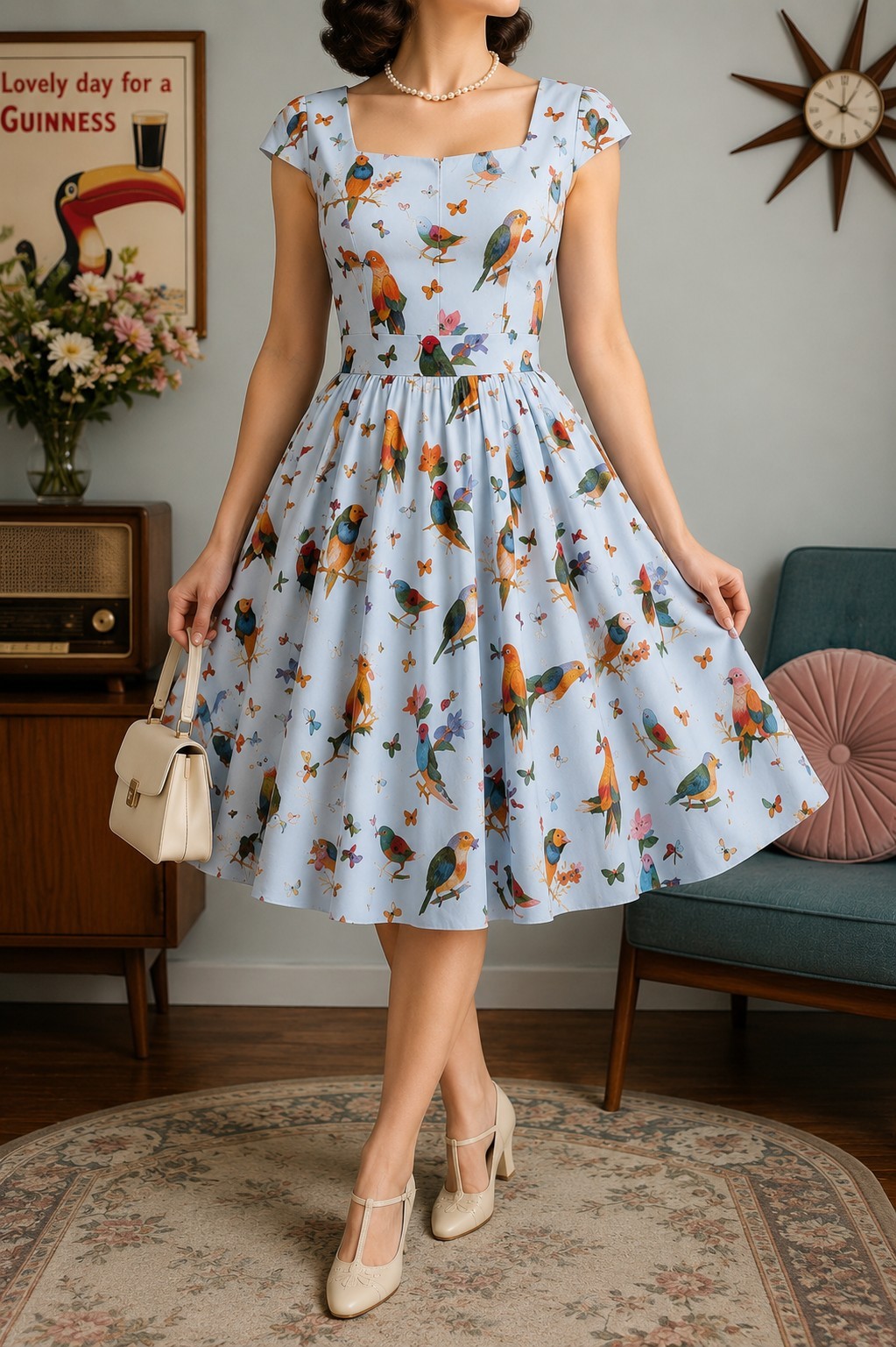 Lady Vintage London Bird Print Fit & Flare Cotton Retro Rockabilly Size US 6