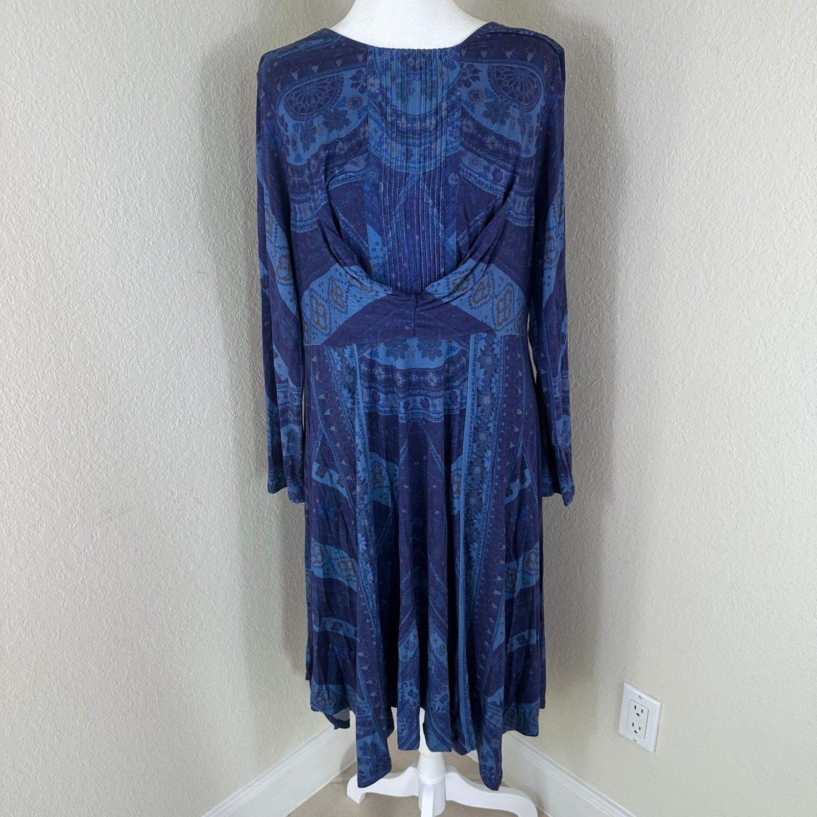 Soft Surroundings Midi Dress Women PM Blue Modal Boho Mosaic Print Long Sleeve