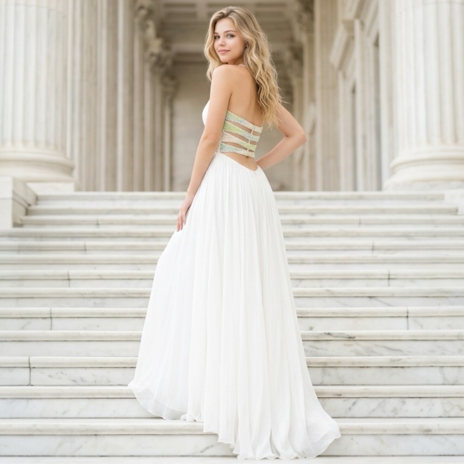 Sherri Hill 6 White Silk Beaded Strapless Gown Open Back Prom Pageant Dress