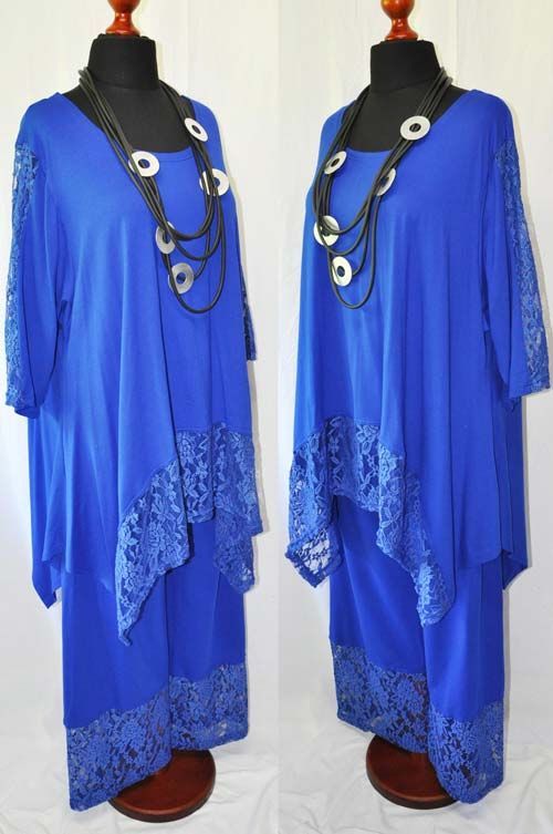Lagenlook A Line Oversized Zip Tunic Jersey + Lace Royal Blue 48,50,52,54