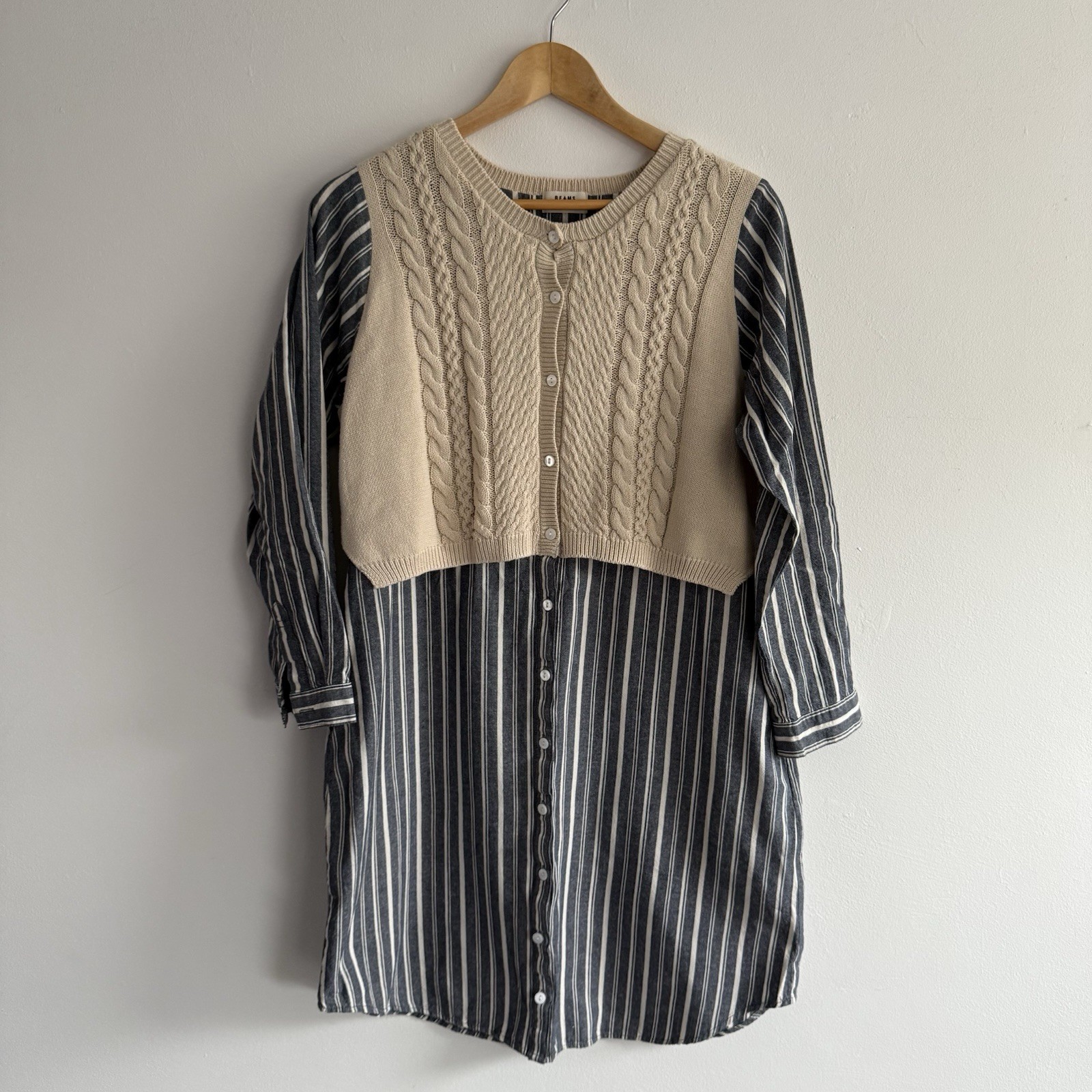Beams Heart Dress Small Blue Brown White Striped Japan