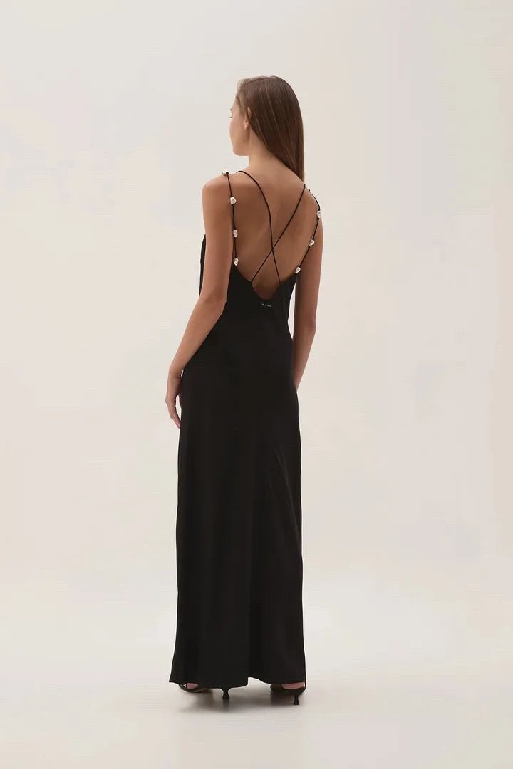 Aje Studio Agate Crossback Maxi Dress Black Pearl Beaded Bias Cut AU 6 / US 2