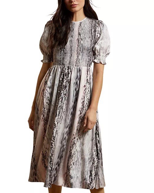 Ted Baker Halomah Snake Print Smocked Midi Dress Size 3 (US 8) Mint