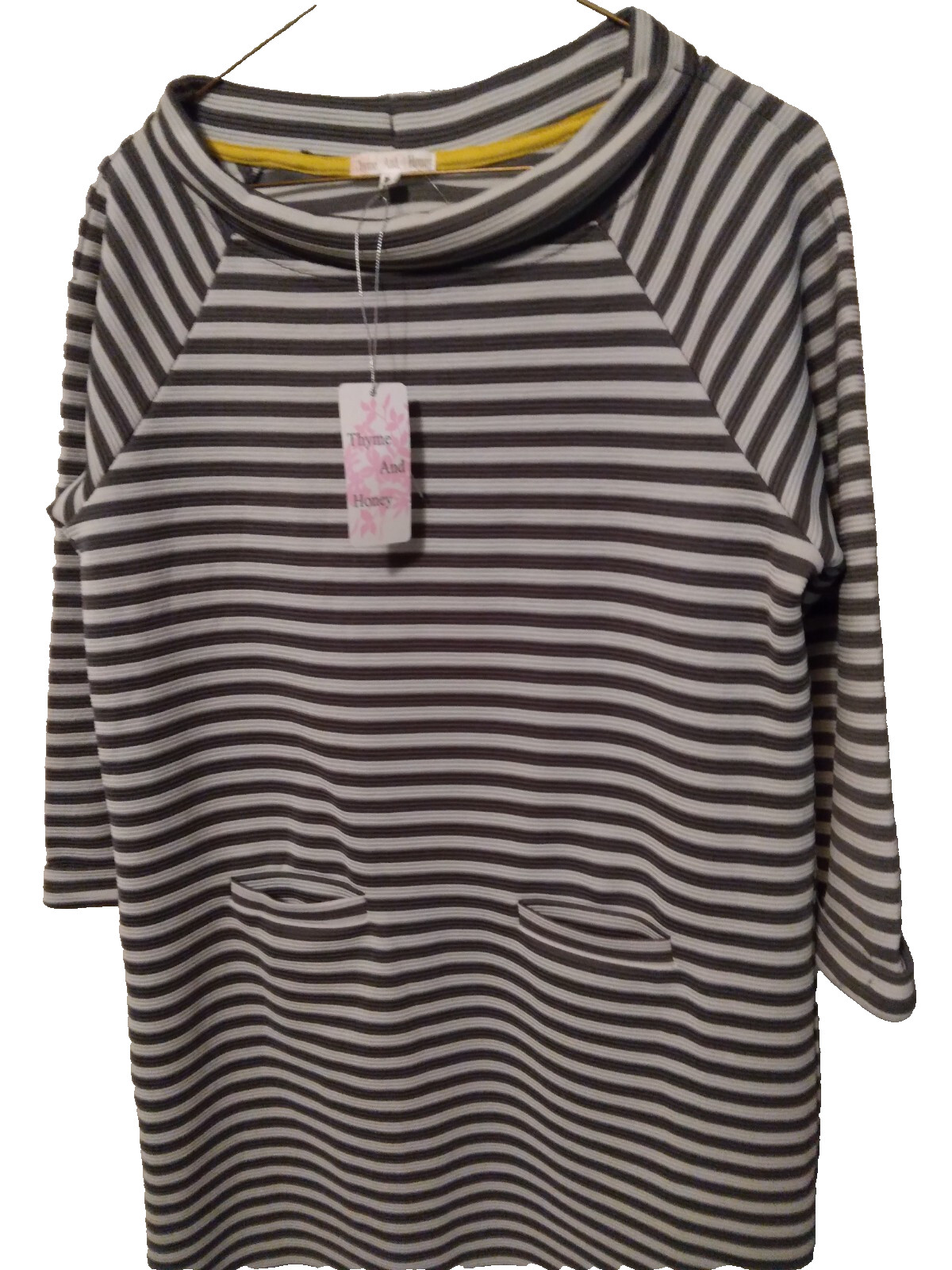 NWT Thyme & Honey Ribbed Stripe Pockets Shift Dress Sz s/m Retro Y2K White Gray