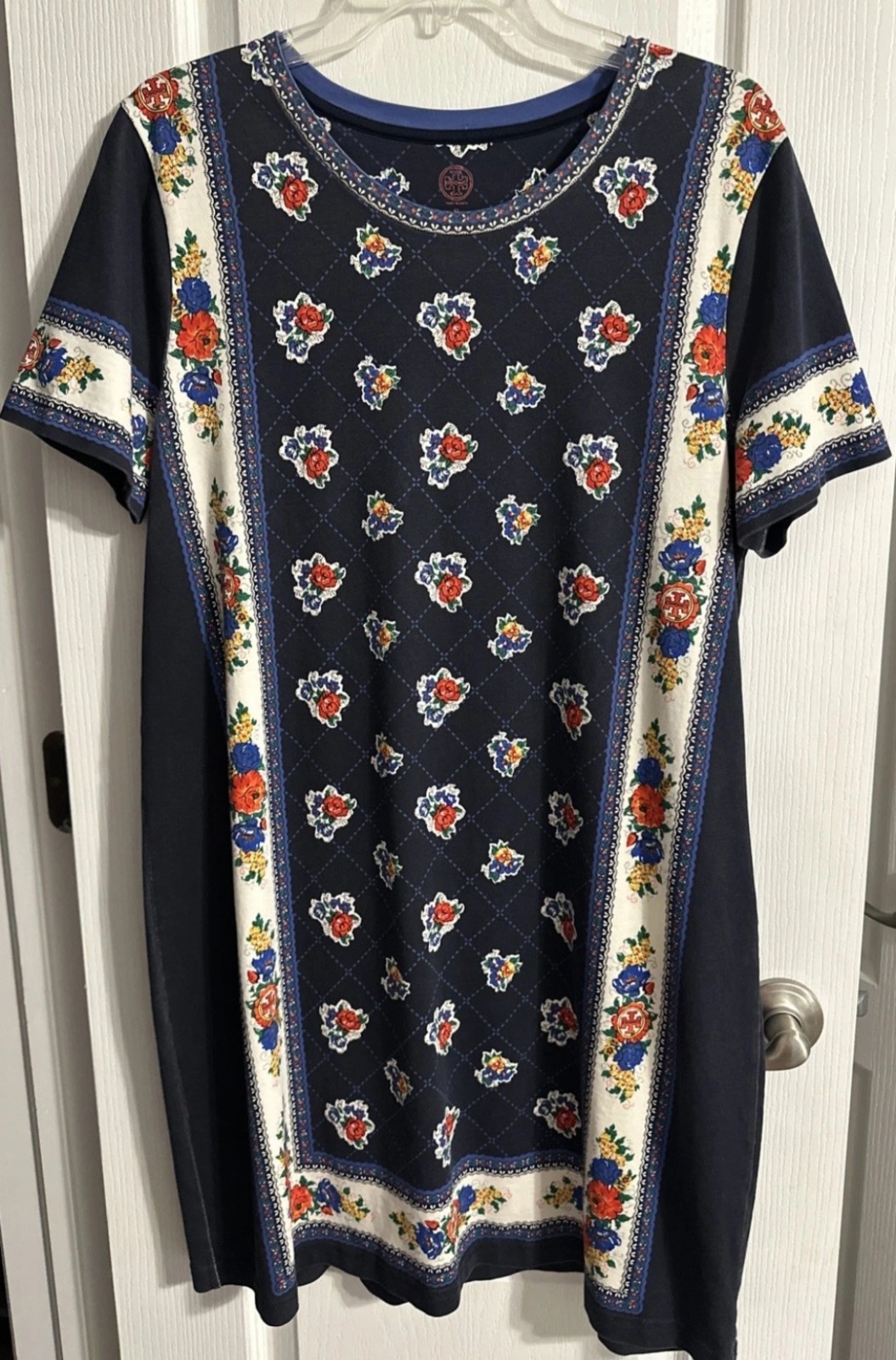 Tory Burch Women Large Navy 100% Pima Cotton Tea Rose Border T-Shirt Shift Dress