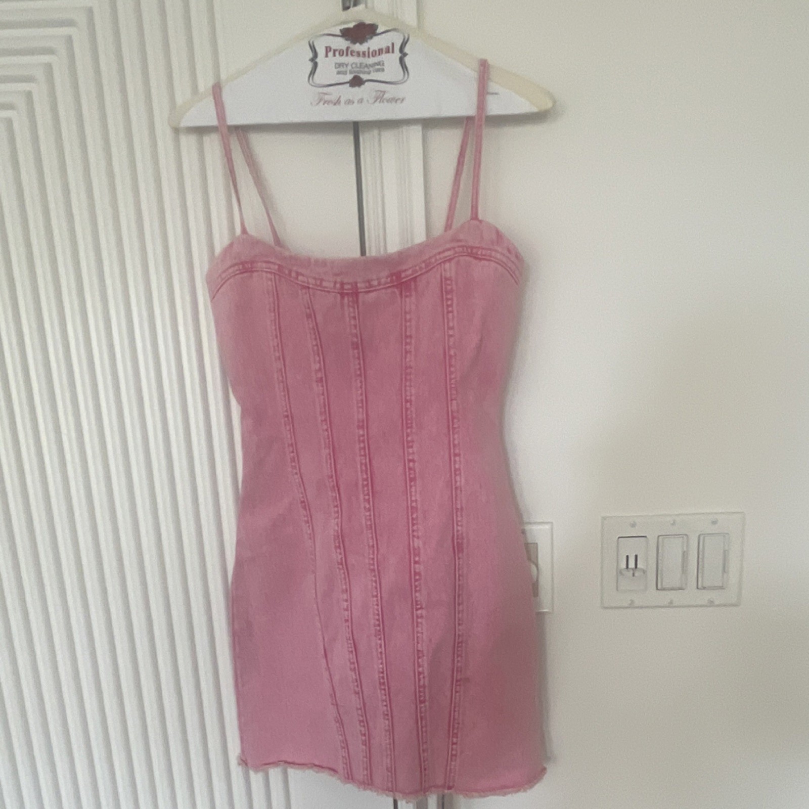 Mistress Rocks Pink Denim Mini Bodycon Dress Square Neck Straps Zip Size xs