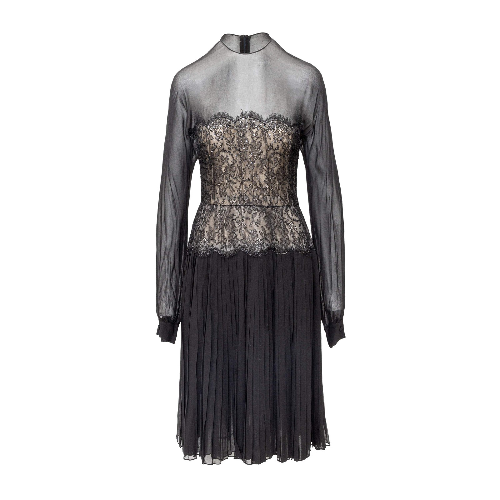 Nina Ricci Haute Boutique Black Chiffon Lace Dress 1970s France Vintage