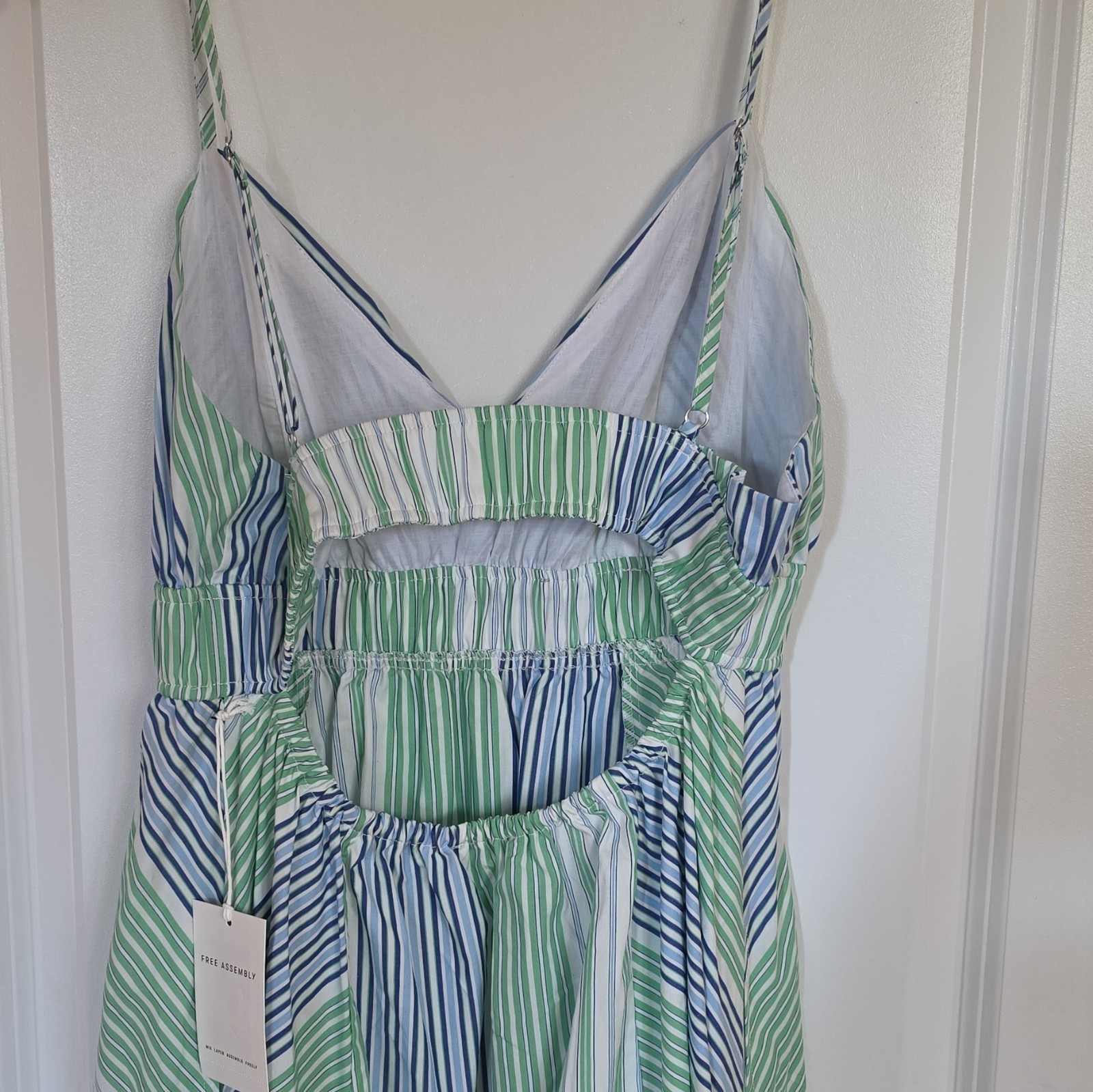 Free Assembly Striped V-Neck Strappy Sleeveless Maxi Dress M Green Blue White