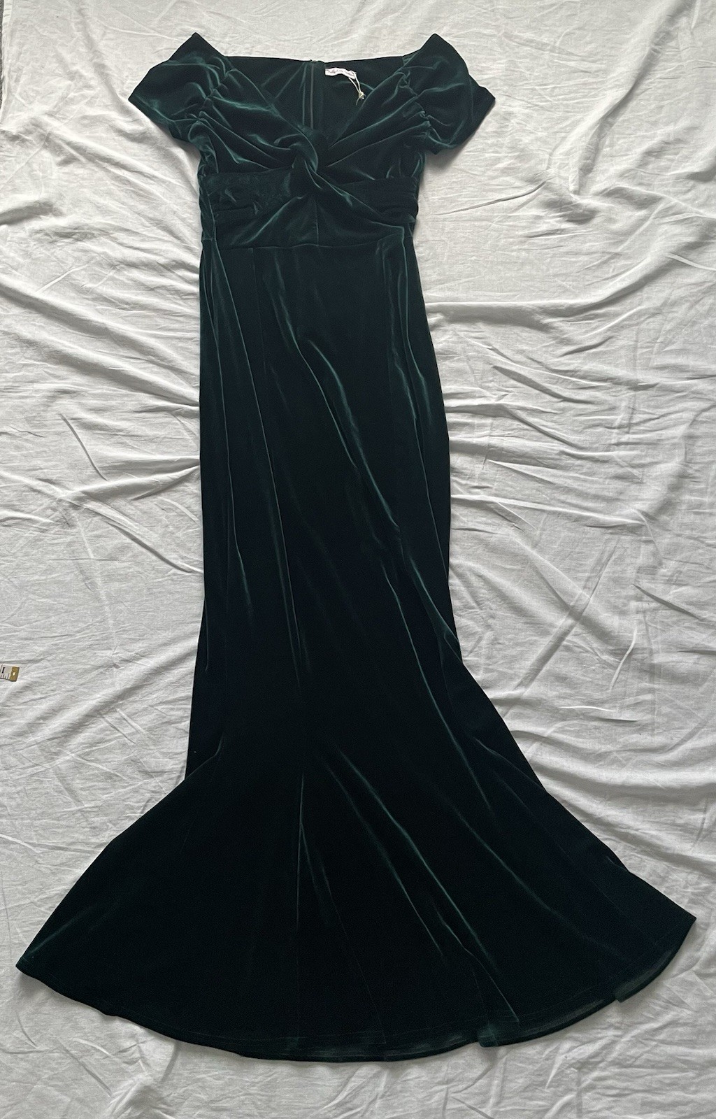 Emerald Green Velvet Knot Front Bardot Evening Gown UK12/14 See Description