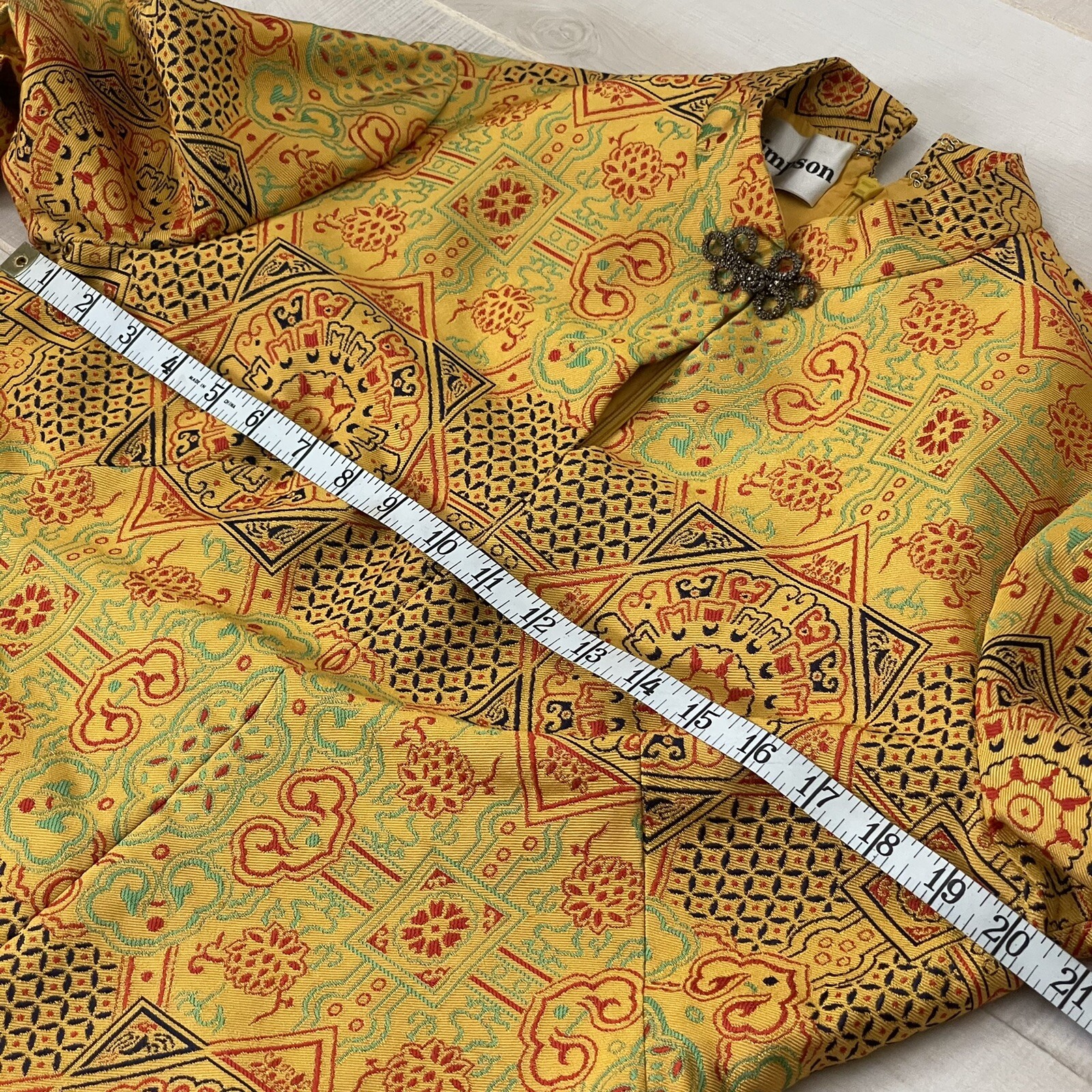 1960s ADELE SIMPSON Yellow Silk Blend Jacquard Chinese Inspired Dress VTG Rare