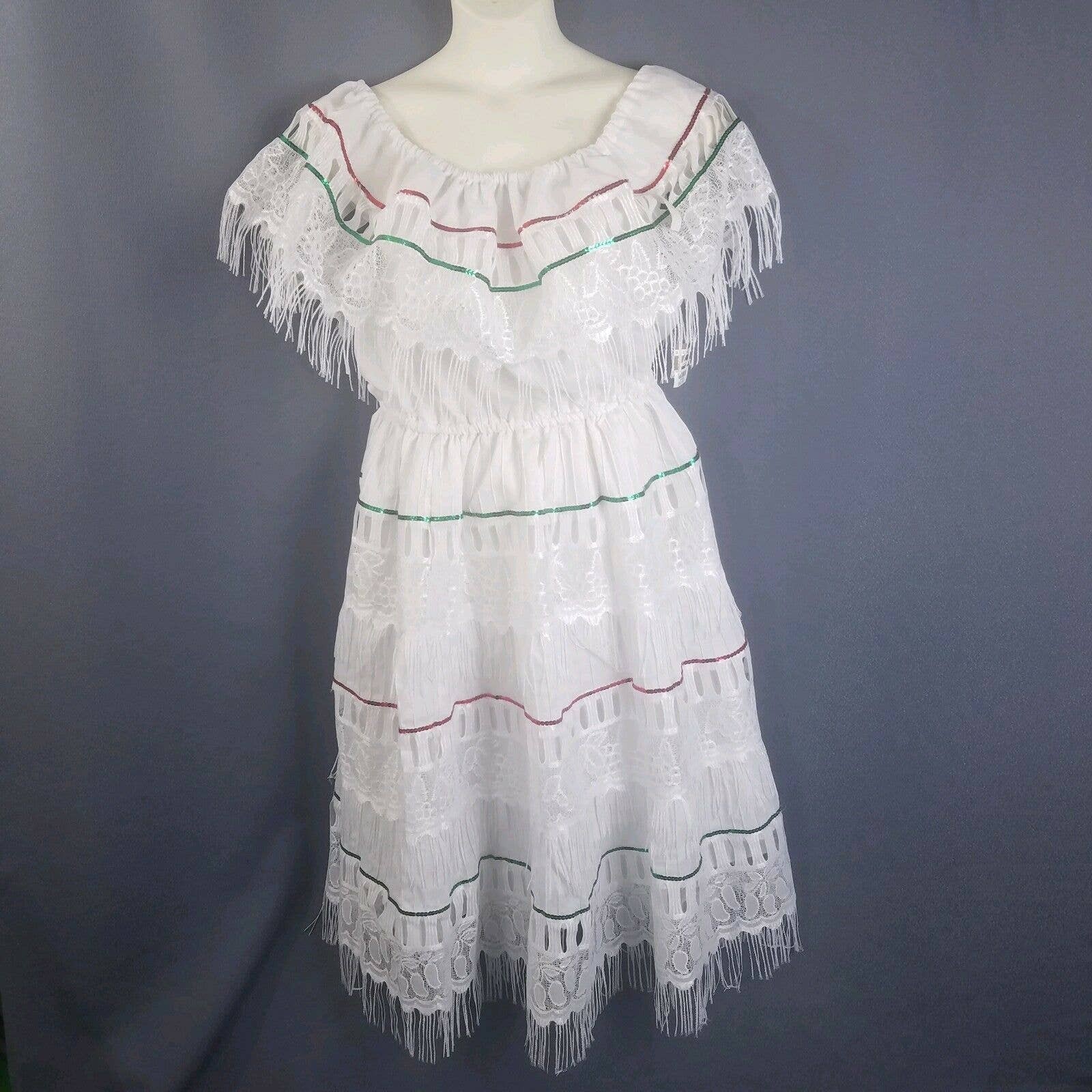 Folk Dress L Folk Traditional Tiered Fringe White Wedding Red Green Colombia