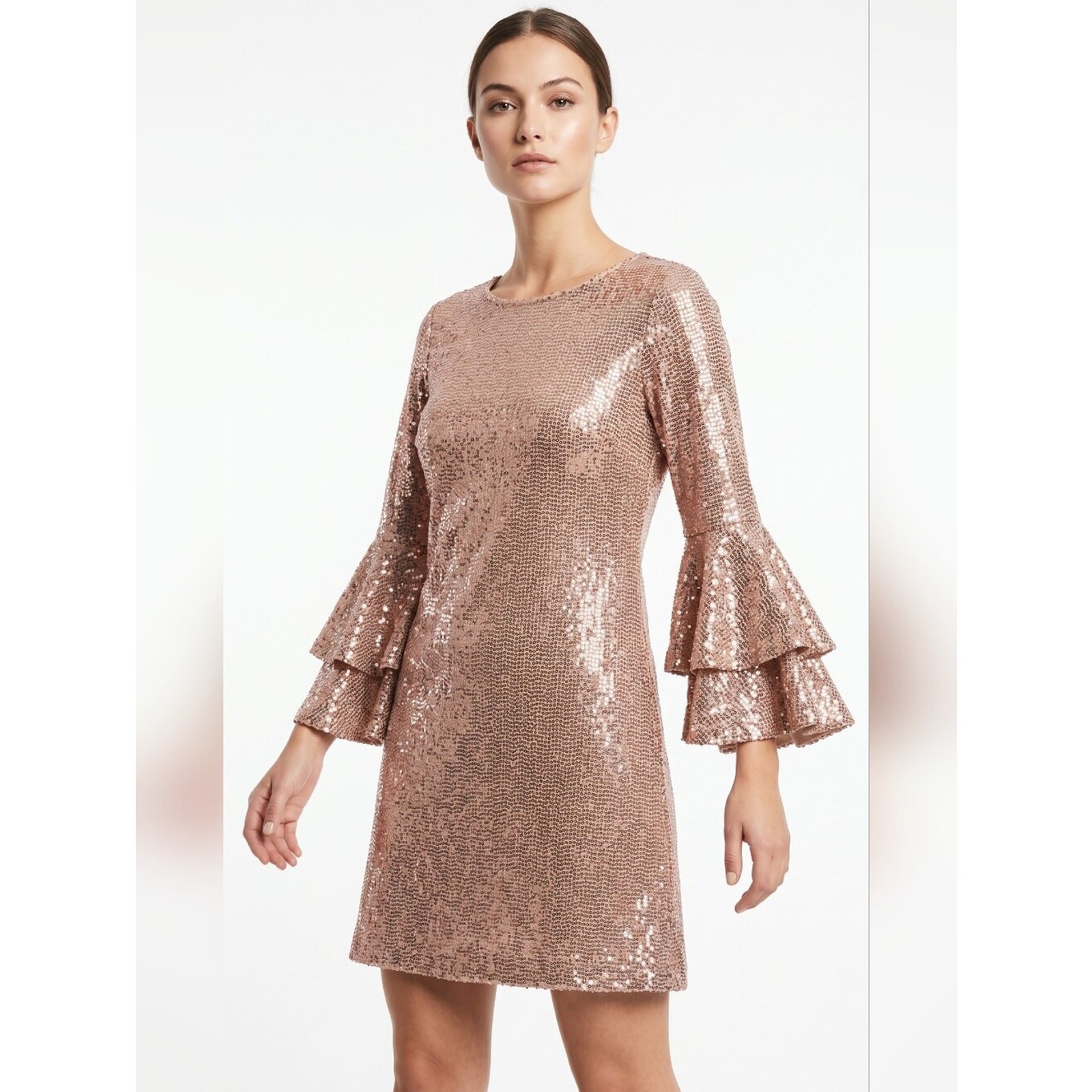 Vince Camuto Sequin Bell Sleeve Shift Dress in Rose Gold NWT – XS