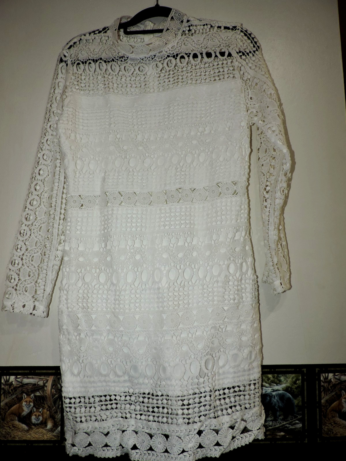 No Brand Ivory lined crocheted lg slv knee length dress stand-up collar back zip