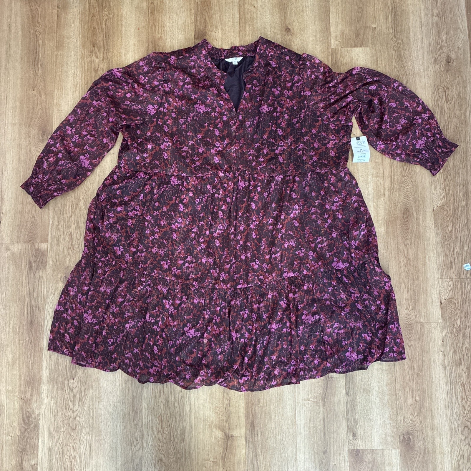 NWT Terra & Sky 4x Knee-Length Long Sleeve, Tiered, Sparkly Floral Dress