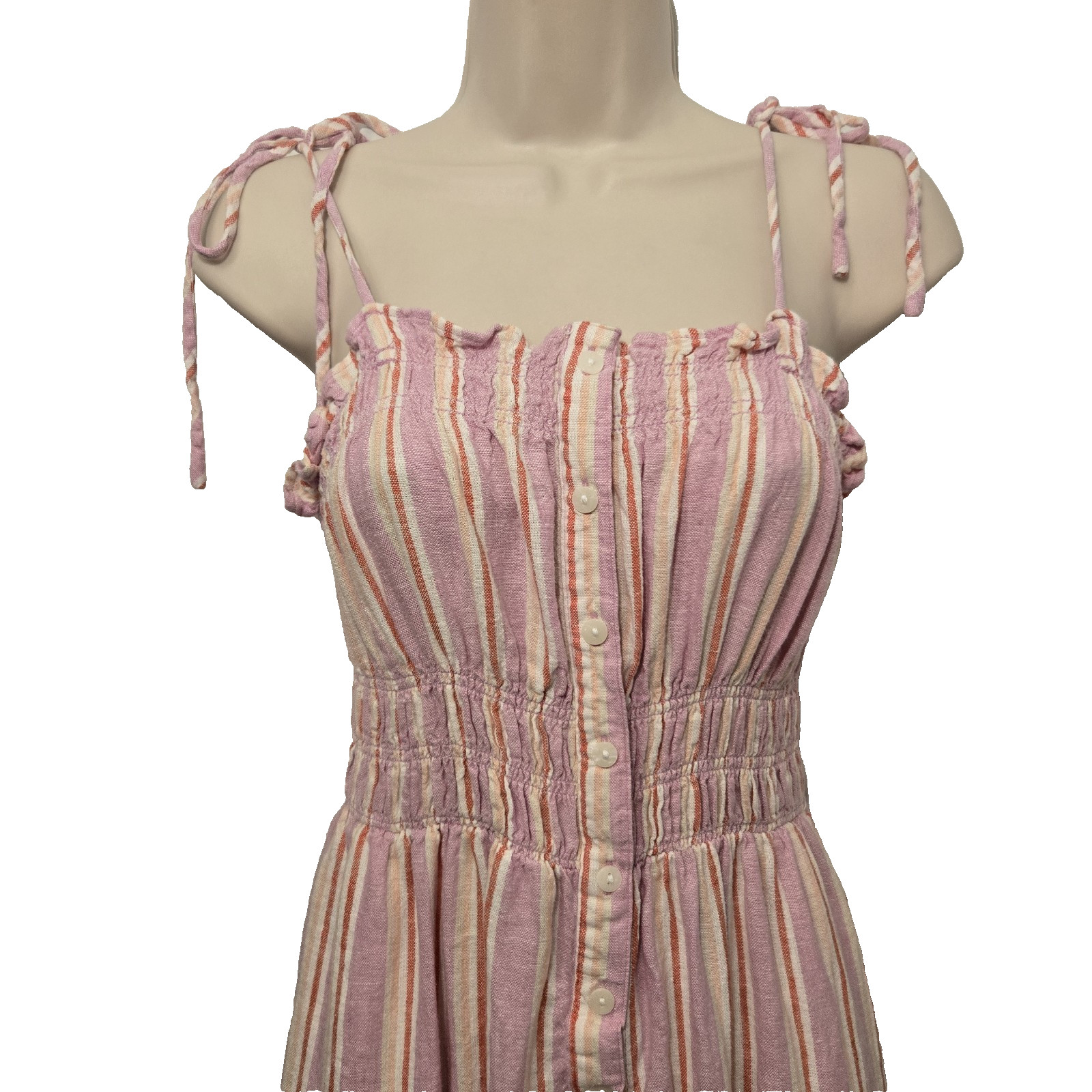 Pink Striped Smocked Linen Blend Midi Dress Tie Shoulder Button Summer Beach S