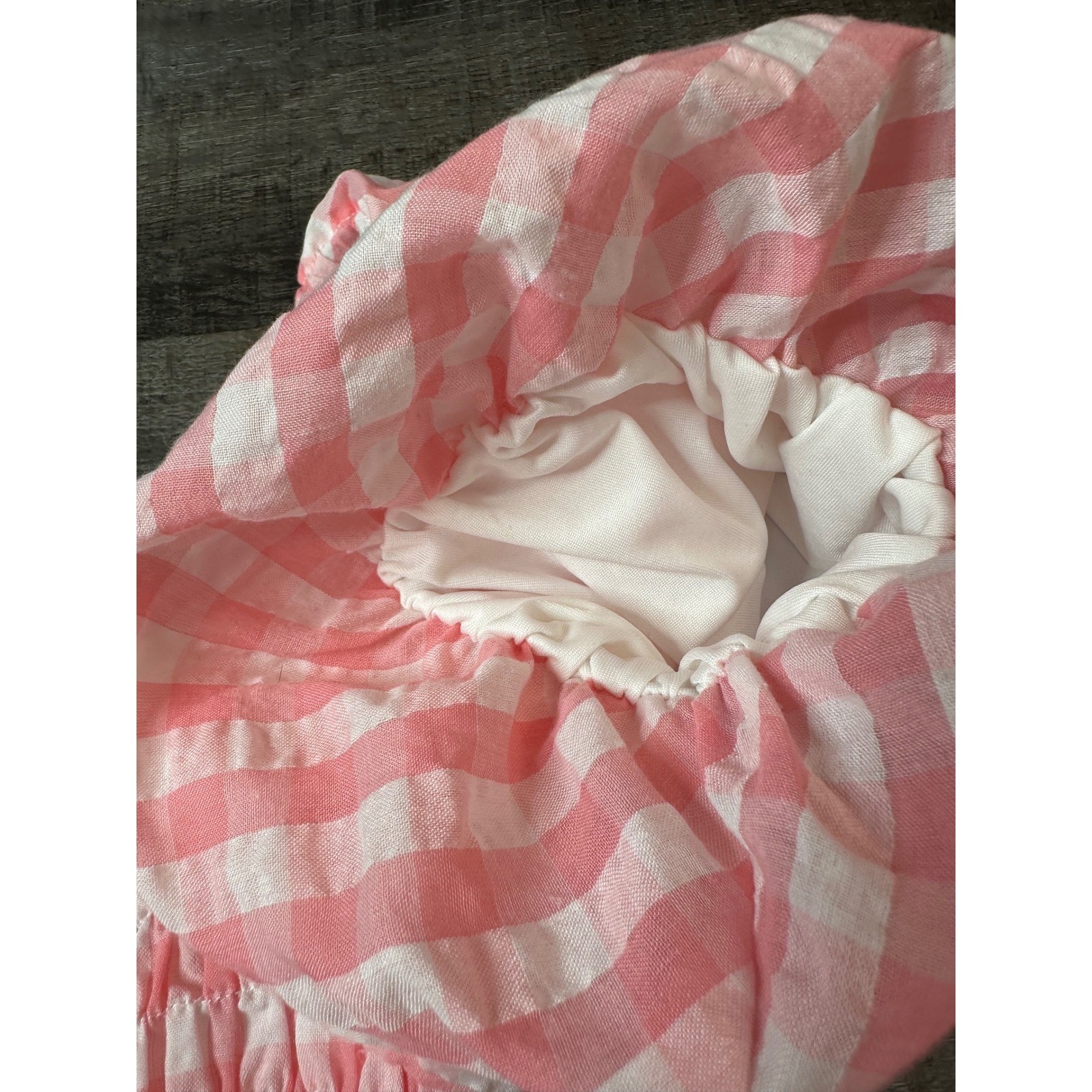 Pink Lily Gingham Smocked Pink Mini Dress Short Puff Sleeve Ruffle Hem Womens L