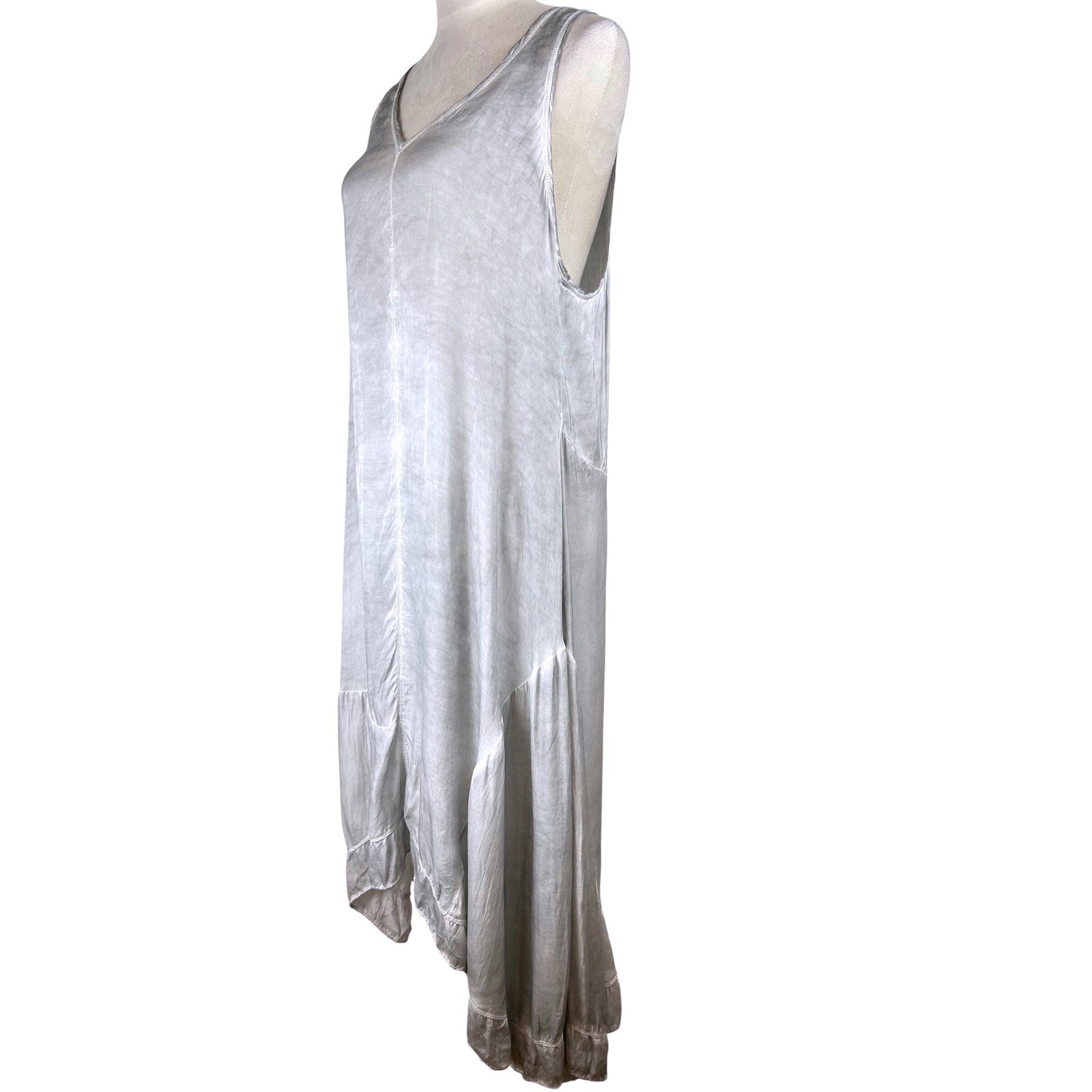 Heather Asymmetrical Ruffle Hem Grey Blue Wash Midi Dress Womens Medium