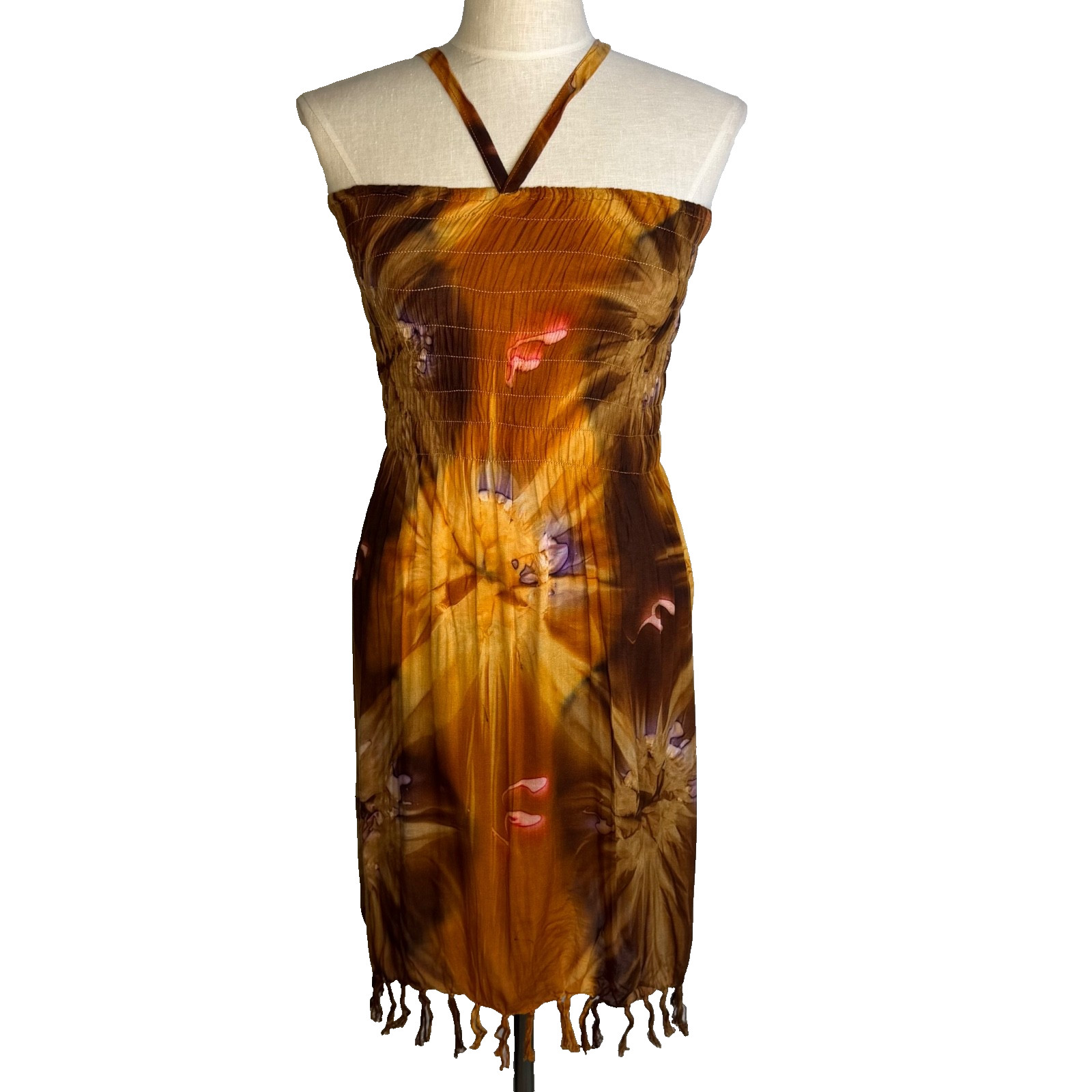 Women’s Brown Tie Dye Halter Sundress Fringe Hem Smocked Boho Midi Cover Up