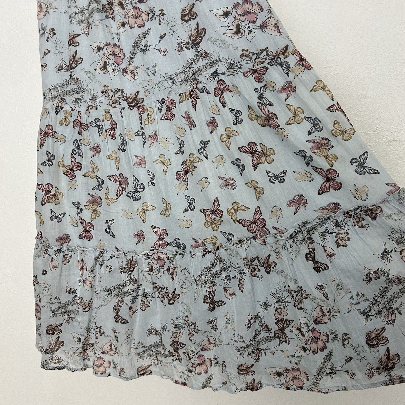 Mile Gabrielle Blue Butterfly Floral Tiered Dress Size S Lace Neck Sleeveless
